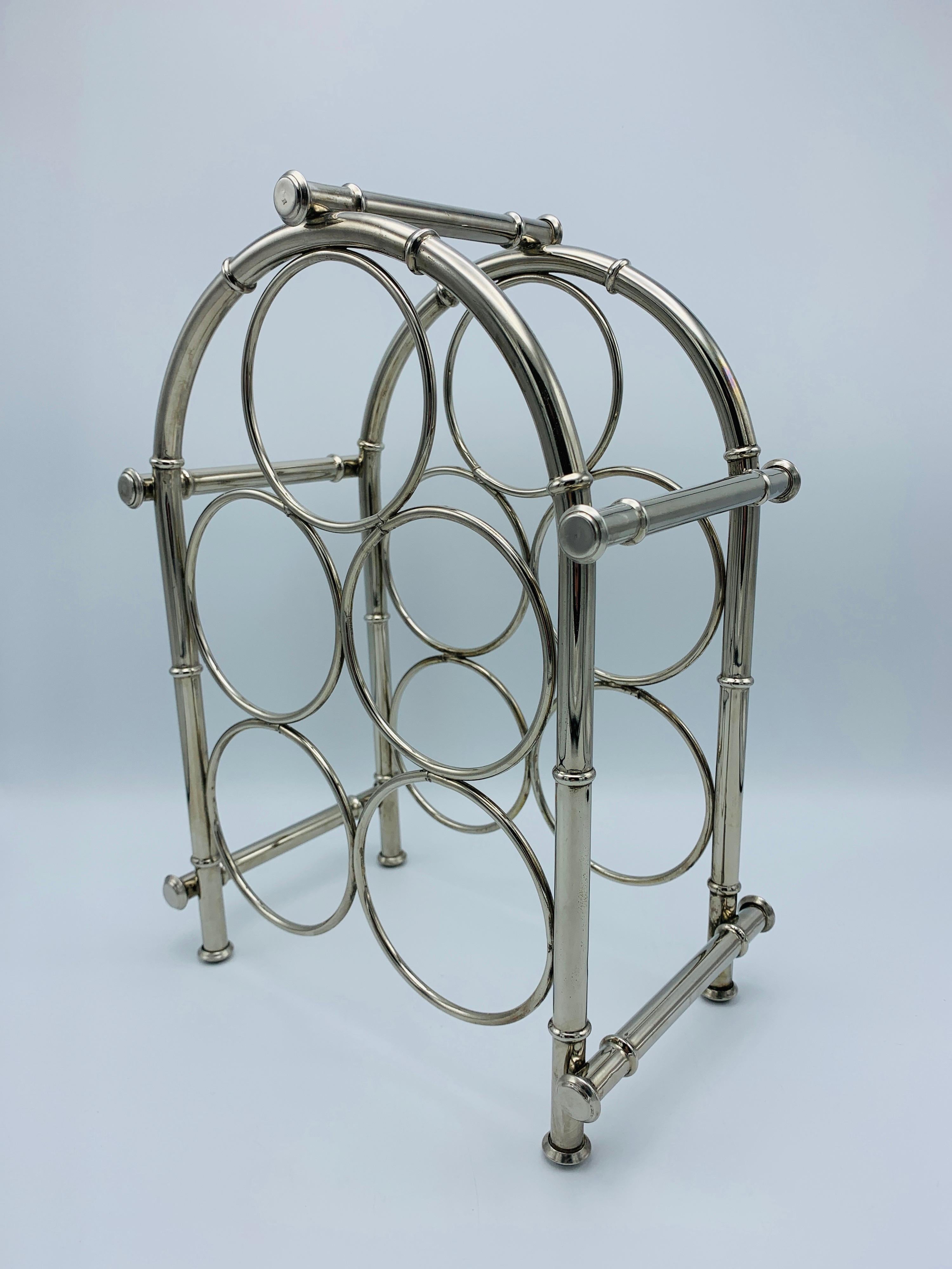 Polished 1960s Silver Plate Faux Bamboo Wine Bottle Rack For Sale