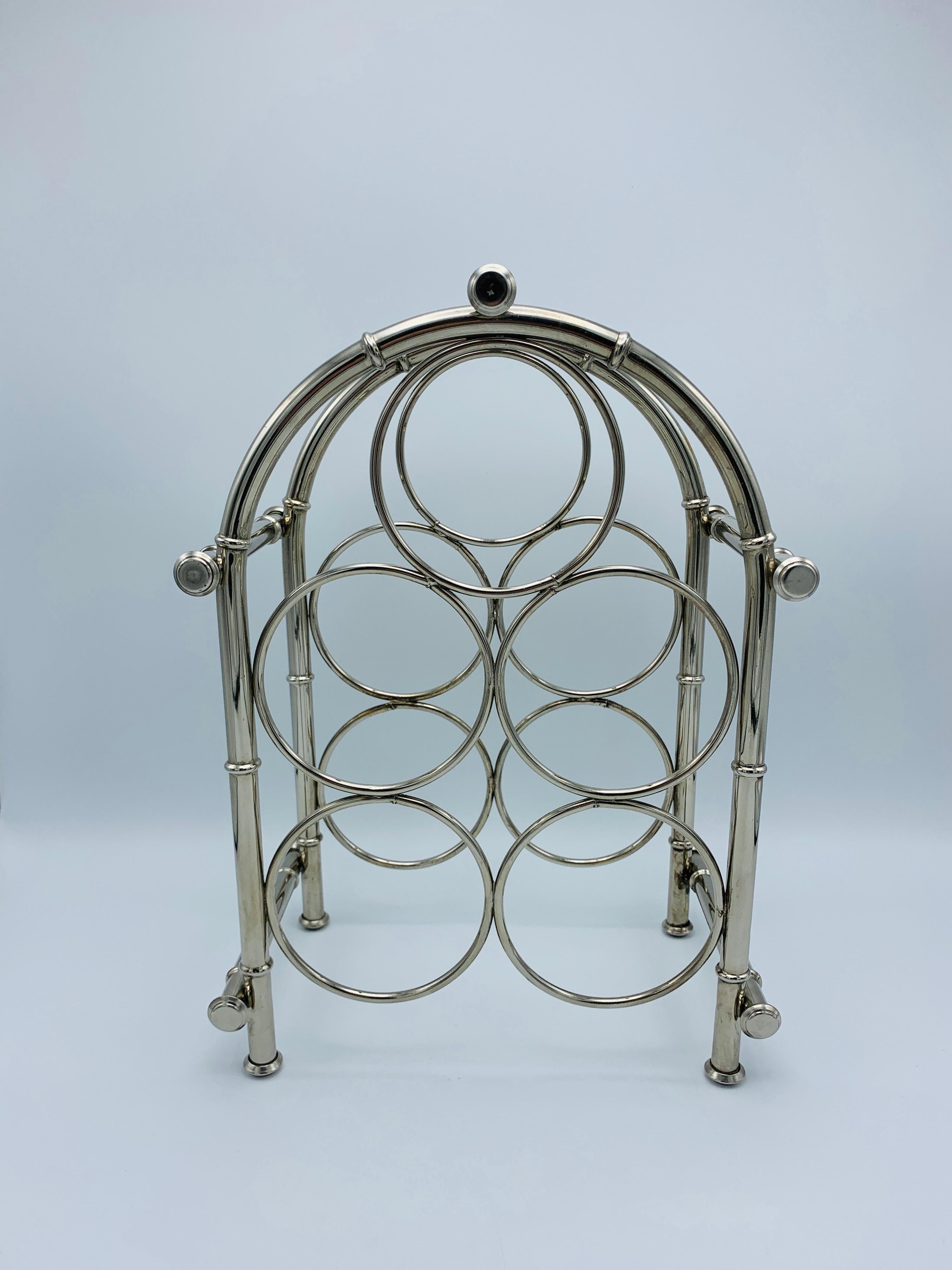 1960s Silver Plate Faux Bamboo Wine Bottle Rack In Good Condition For Sale In Richmond, VA