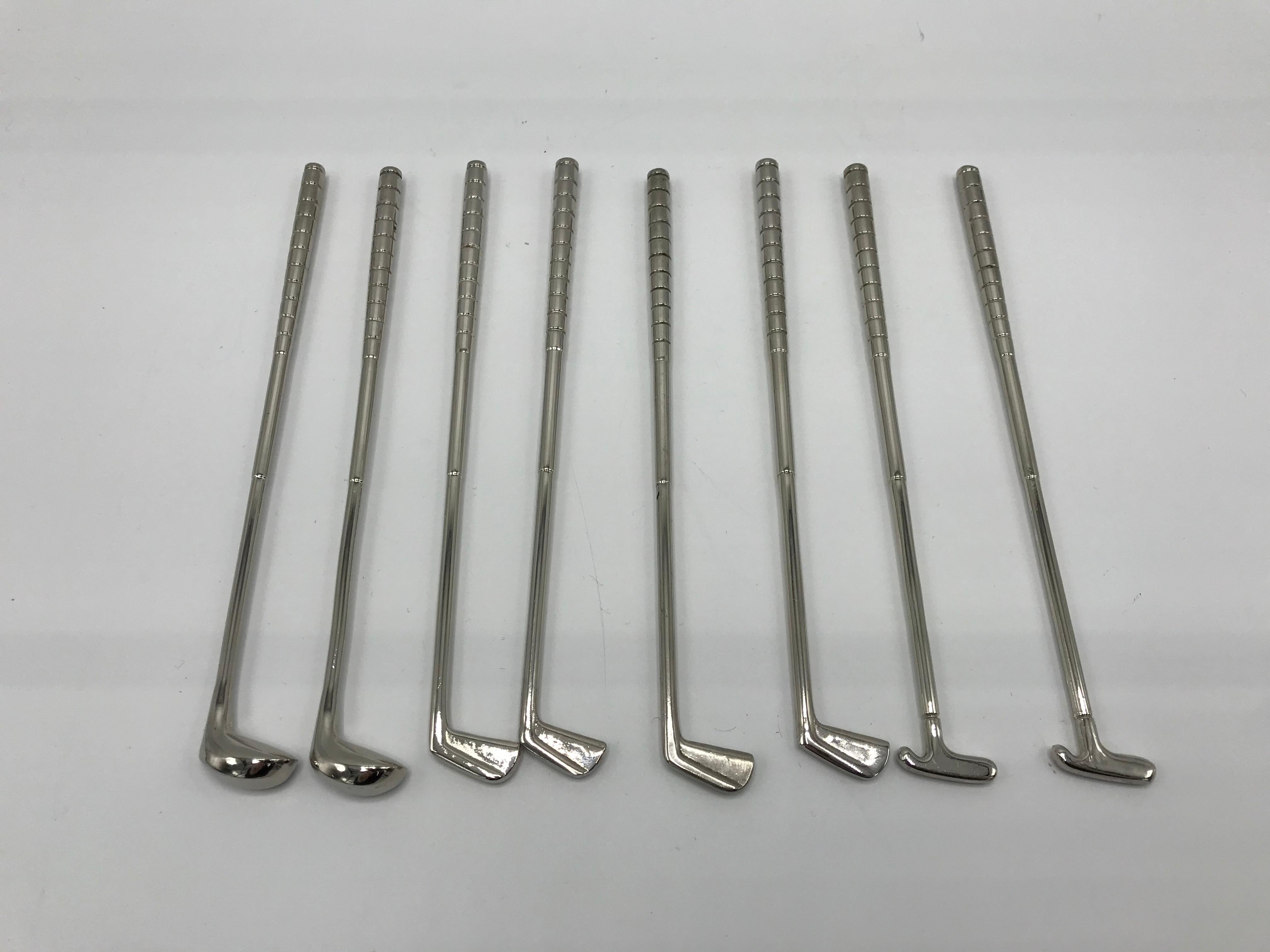 Polished 1960s Silver Plate Golf Club Cocktail Stir-Sticks, Set of Eight