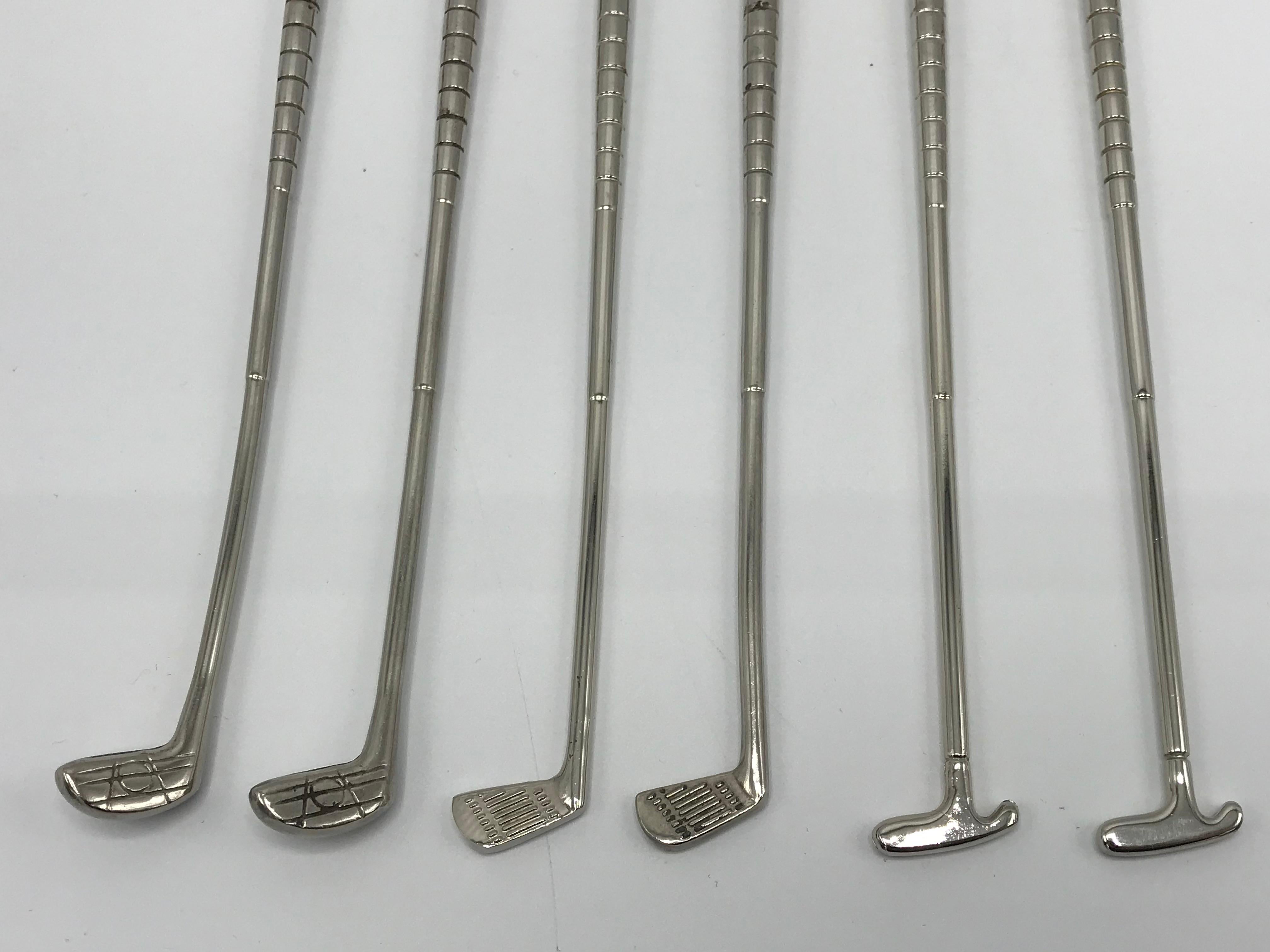 Polished 1960s Silver-Plate Golf Club Cocktail Stir-Sticks, Set of Six