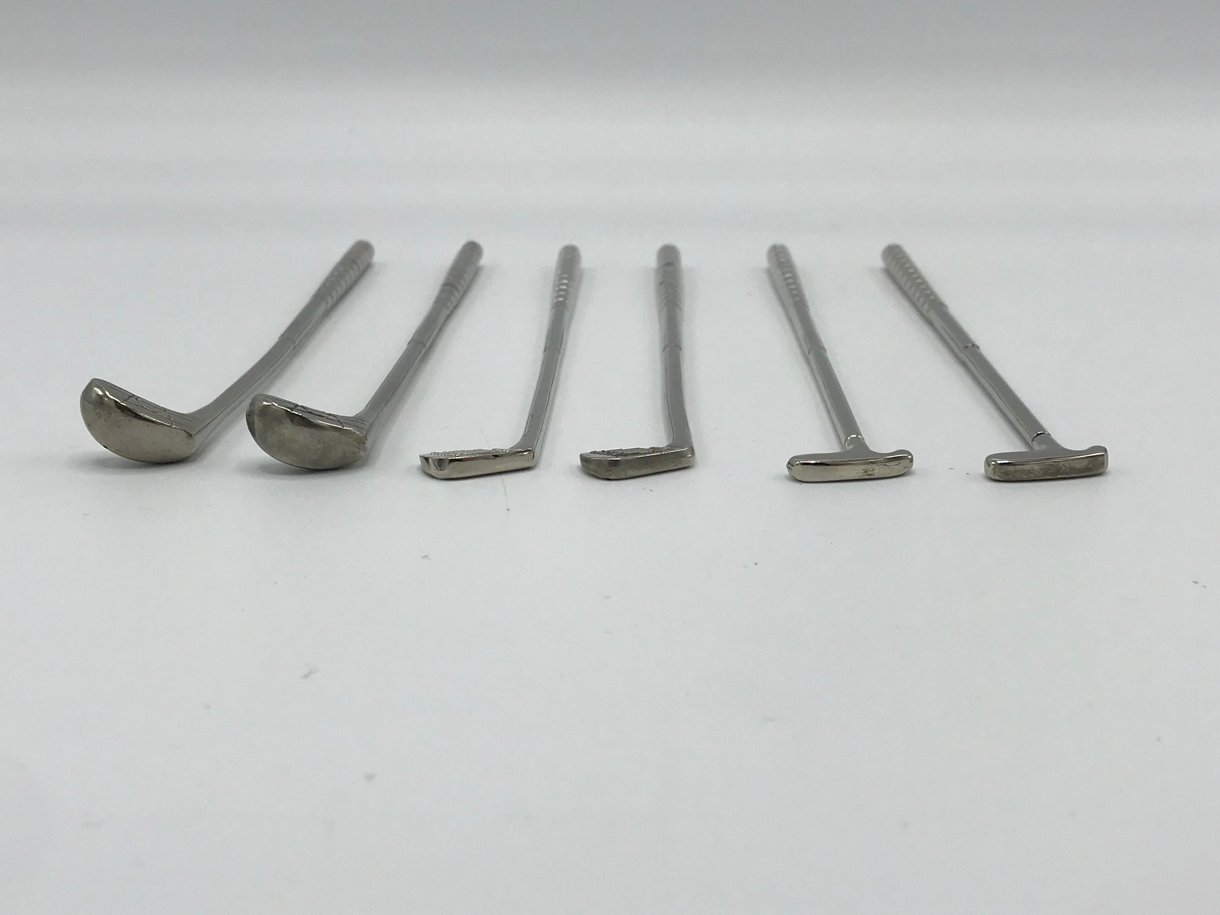 1960s Silver-Plate Golf Club Cocktail Stir-Sticks, Set of Six In Good Condition In Richmond, VA