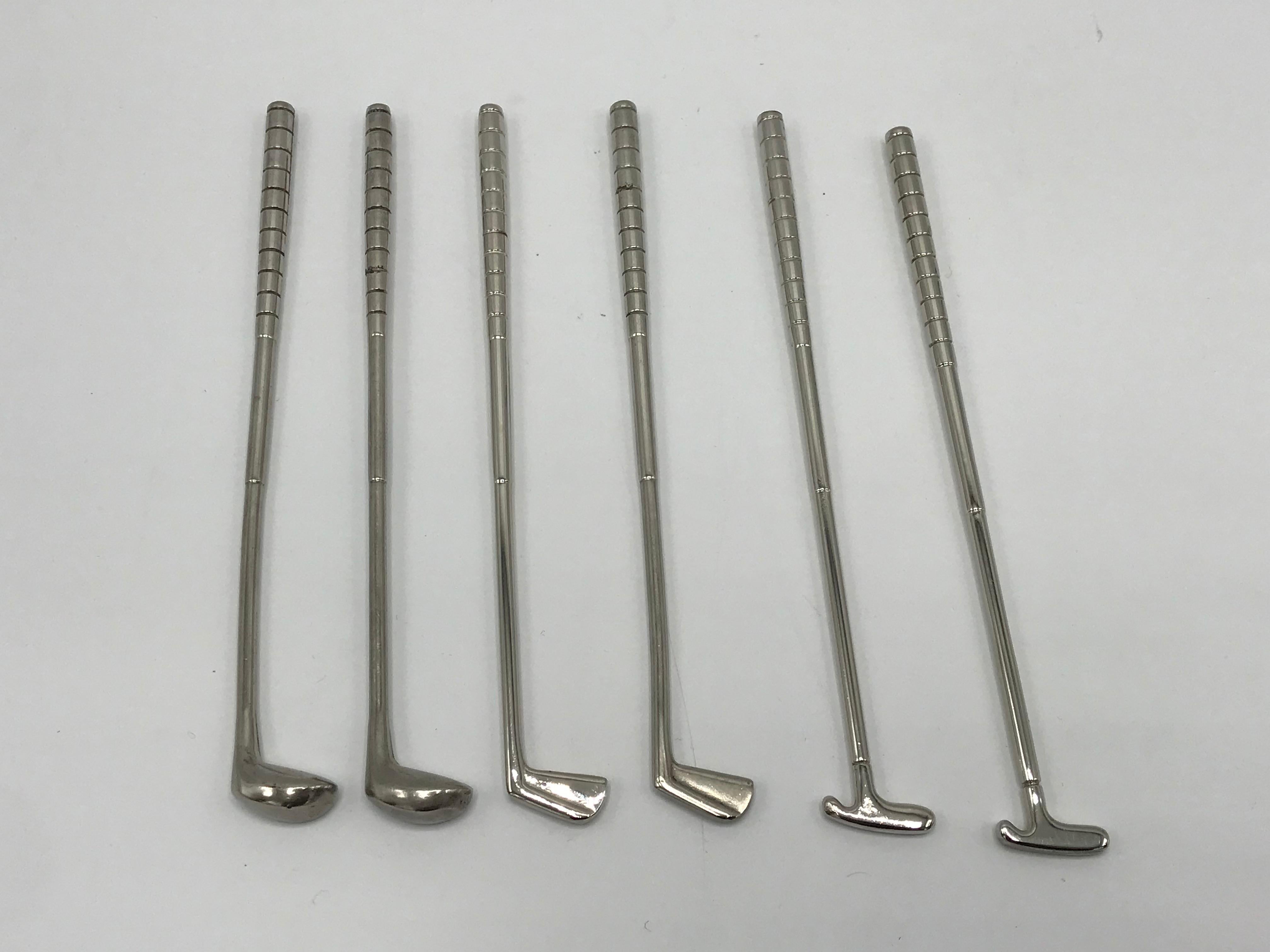 20th Century 1960s Silver-Plate Golf Club Cocktail Stir-Sticks, Set of Six