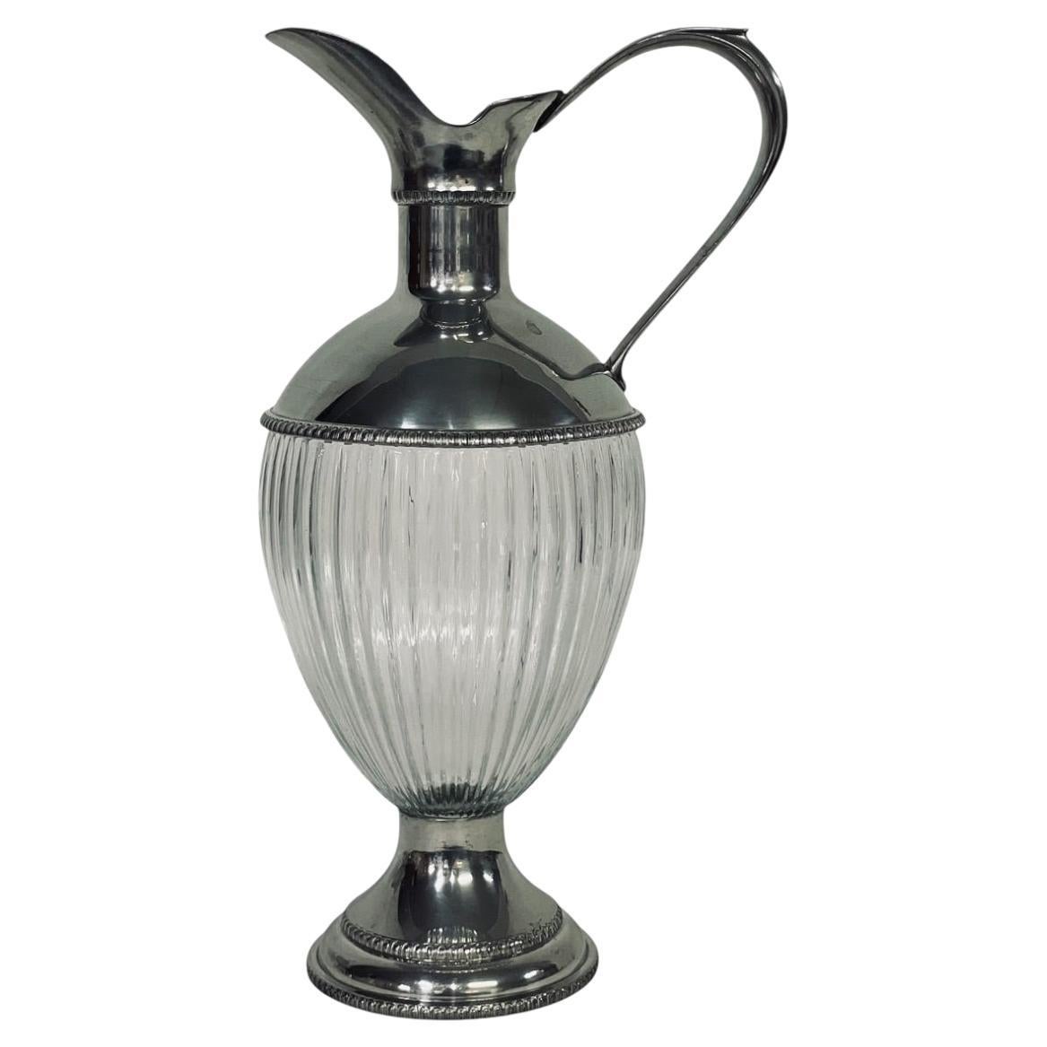 Jarra o aguamanil de plata y cristal de los años 60