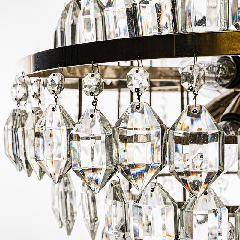 Mid-Century Modern 1960s Silver-Plated Chrome and Crystal Glass Chandelier by Bakalowits and Sohne
