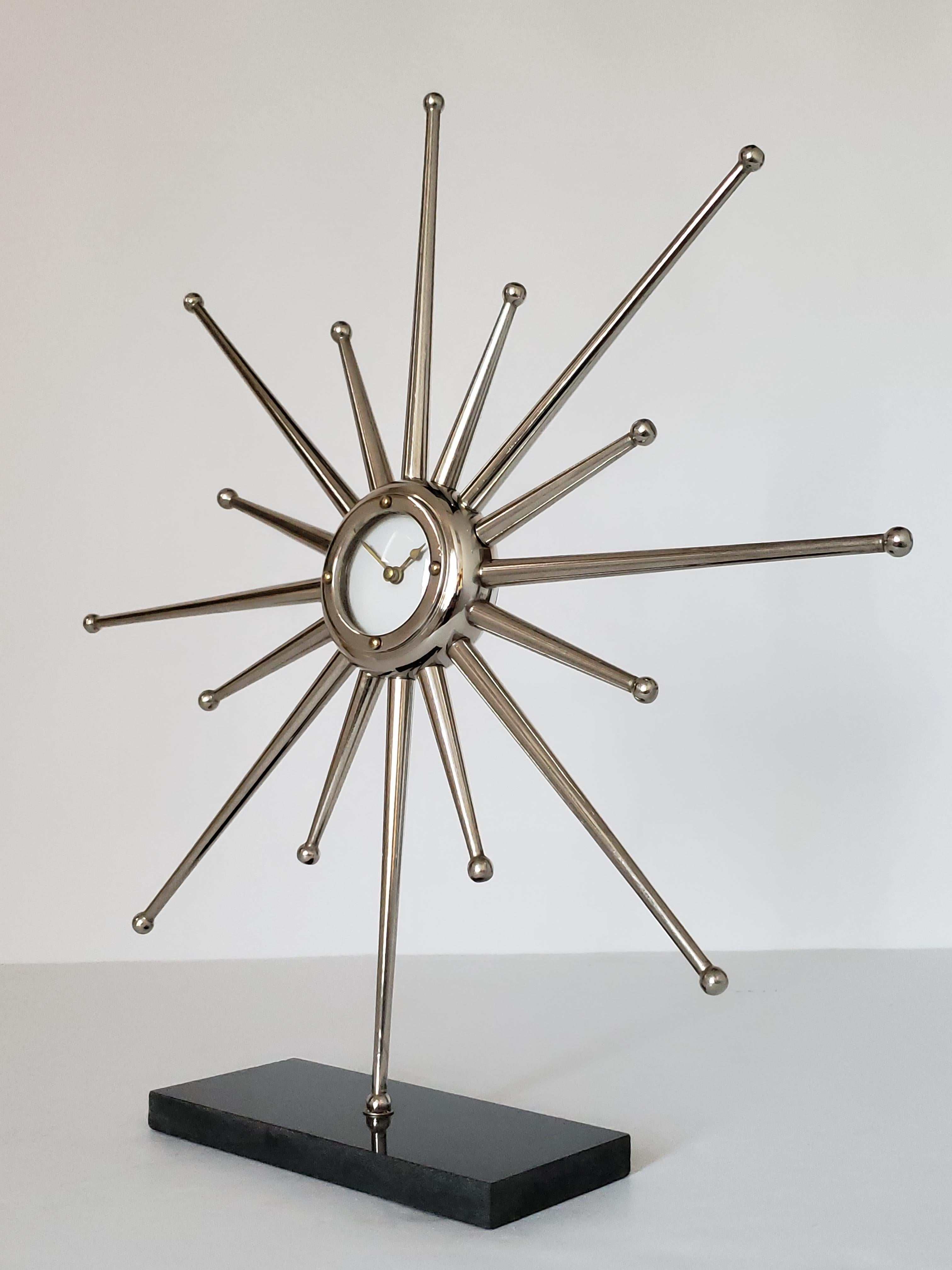 1960s Silver Plated Hand Machined Sunburst Desk Clock, USA 6