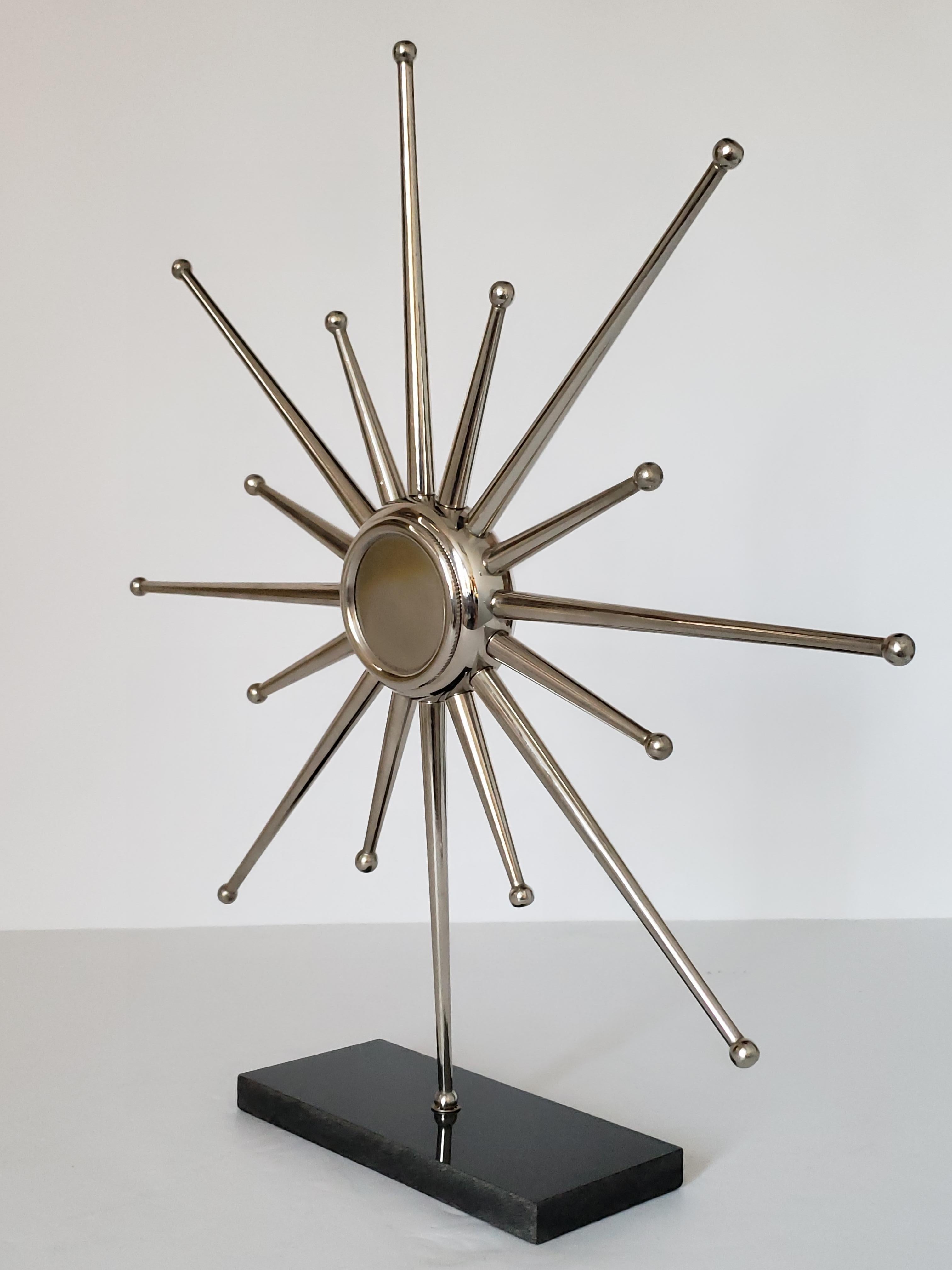 Mid-Century Modern 1960s Silver Plated Hand Machined Sunburst Desk Clock, USA