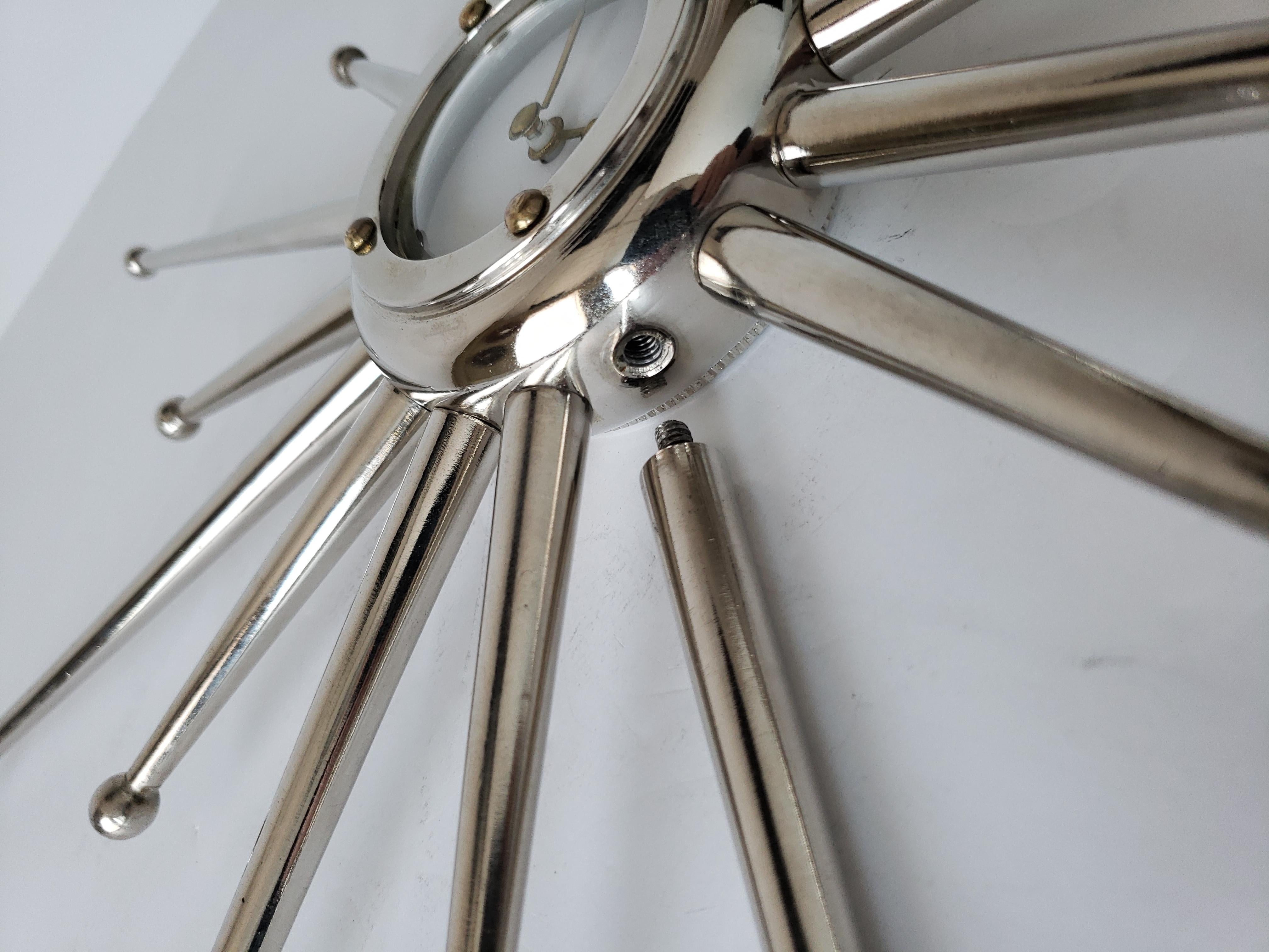 Steel 1960s Silver Plated Hand Machined Sunburst Desk Clock, USA