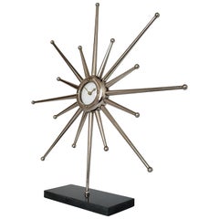 1960s Silver Plated Hand Machined Sunburst Desk Clock, USA