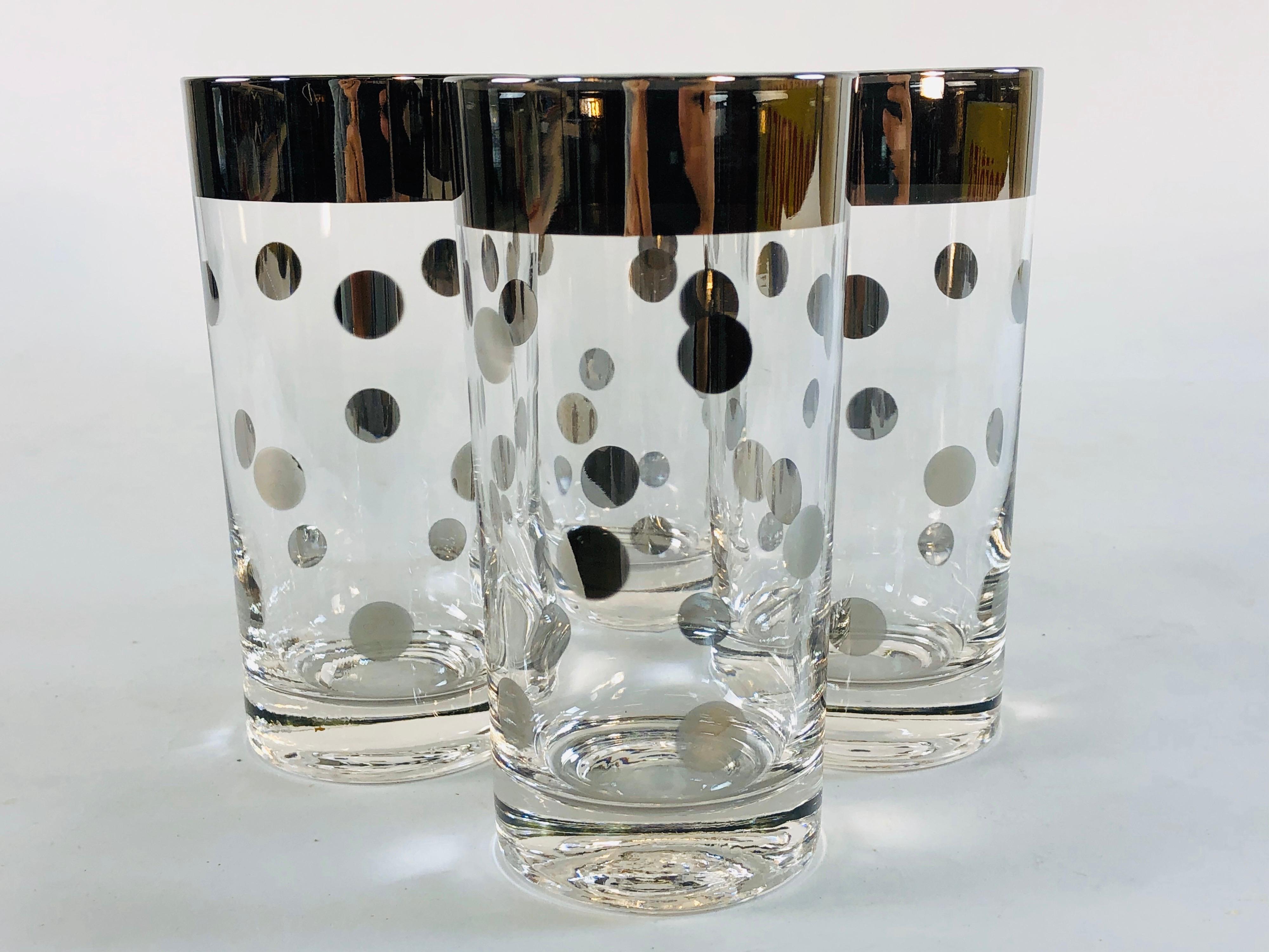 Vintage set of 4 silver rim and silver polka dot glass beverage tumblers. Excellent condition. No marks.