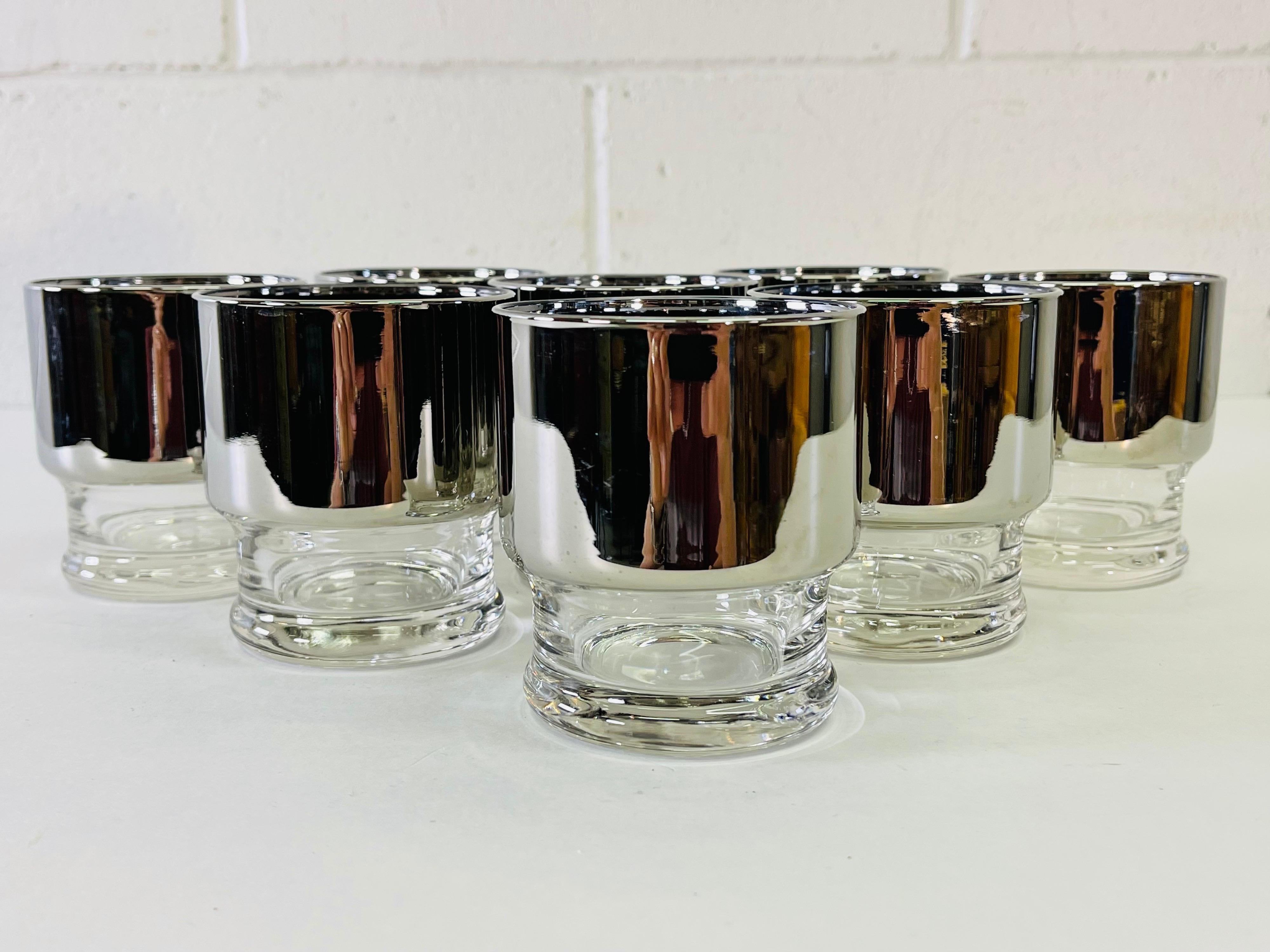 Vintage 1960s set of 8 silver wide-band glass tumblers. No marks.