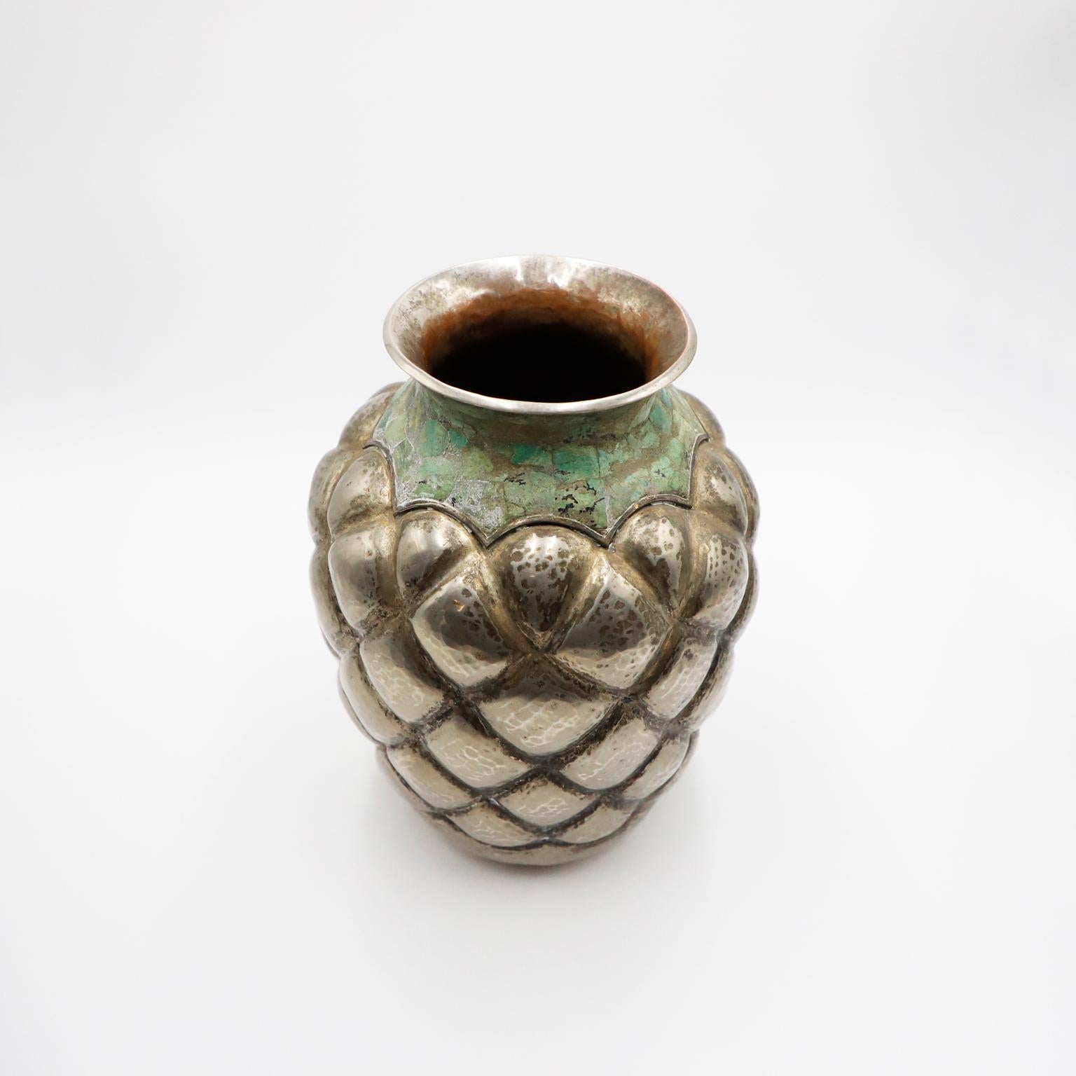 Circa 1960. We offer this Silverplated Turquoise Vase Los Castillo style. Fantastic Patina.