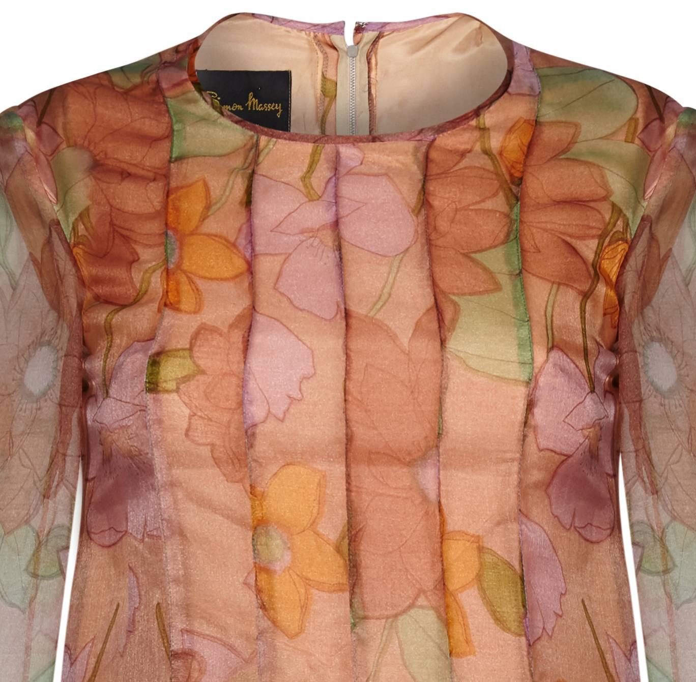 Marron Robe à imprimé floral Simon Massey des années 1960 en vente