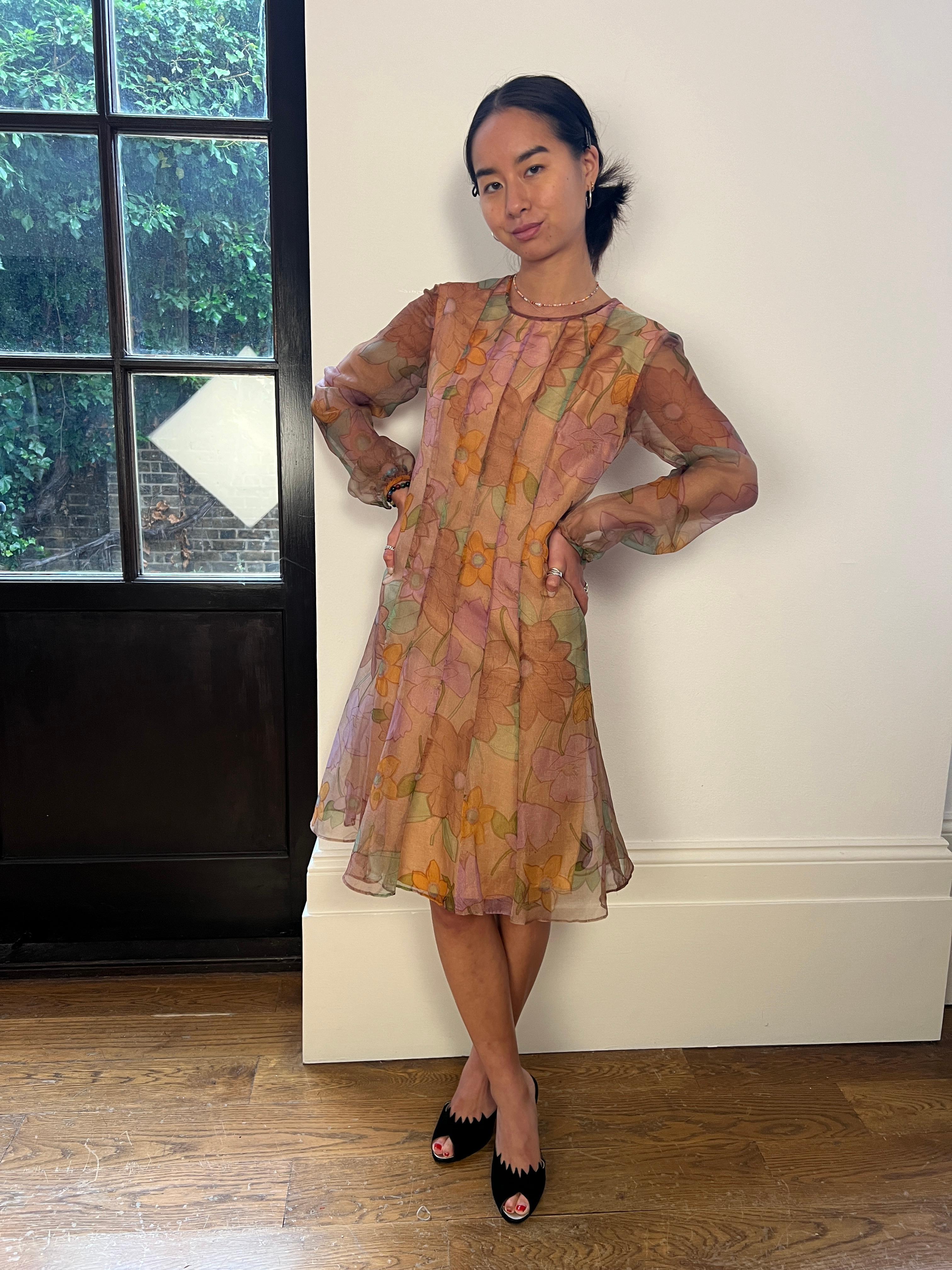 Women's 1960s Simon Massey Organza Floral Print Dress For Sale