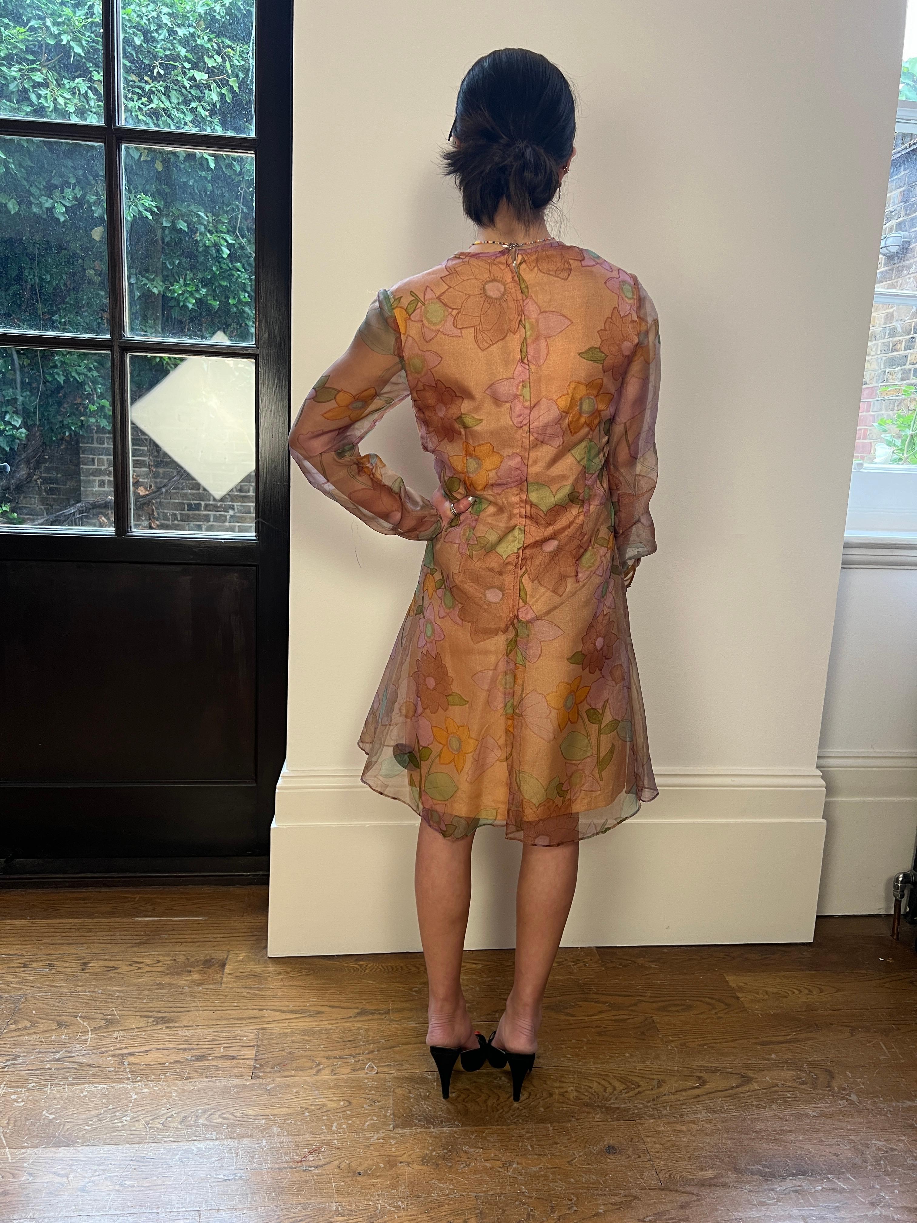 1960s Simon Massey Organza Floral Print Dress For Sale 1