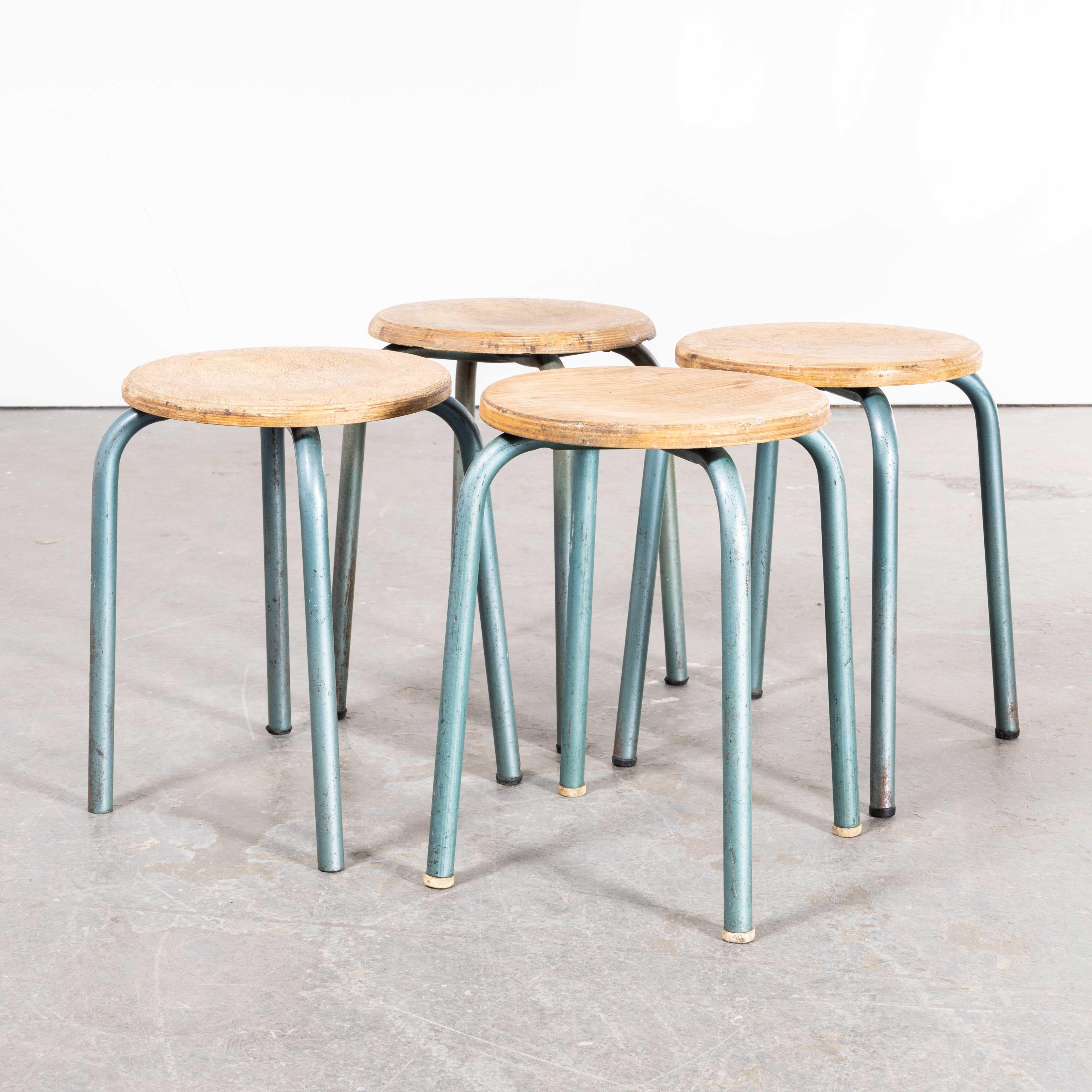 1960s Simple French Stacking School Stools - Aqua - Set of Four In Good Condition In Hook, Hampshire