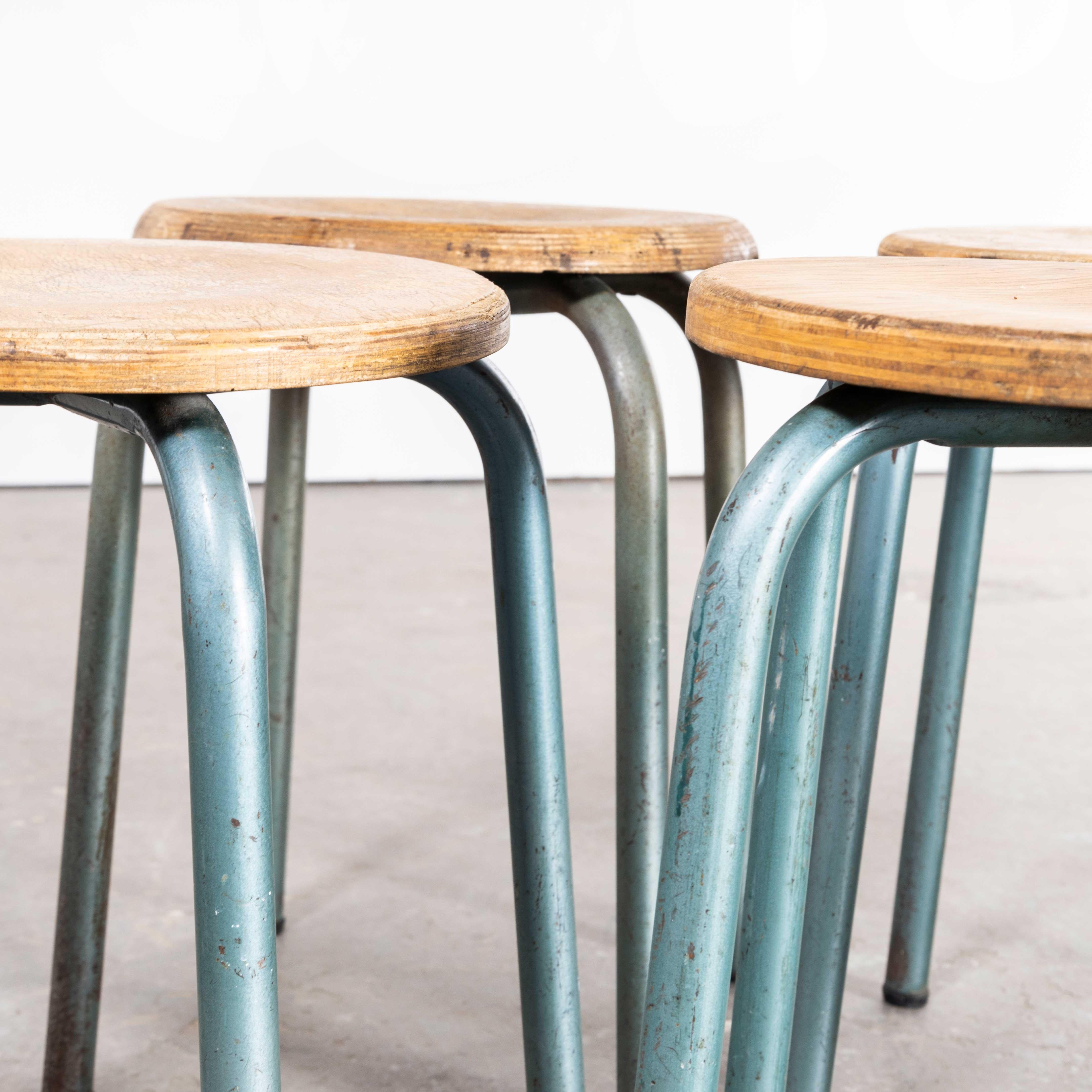 Mid-20th Century 1960s Simple French Stacking School Stools - Aqua - Set of Four