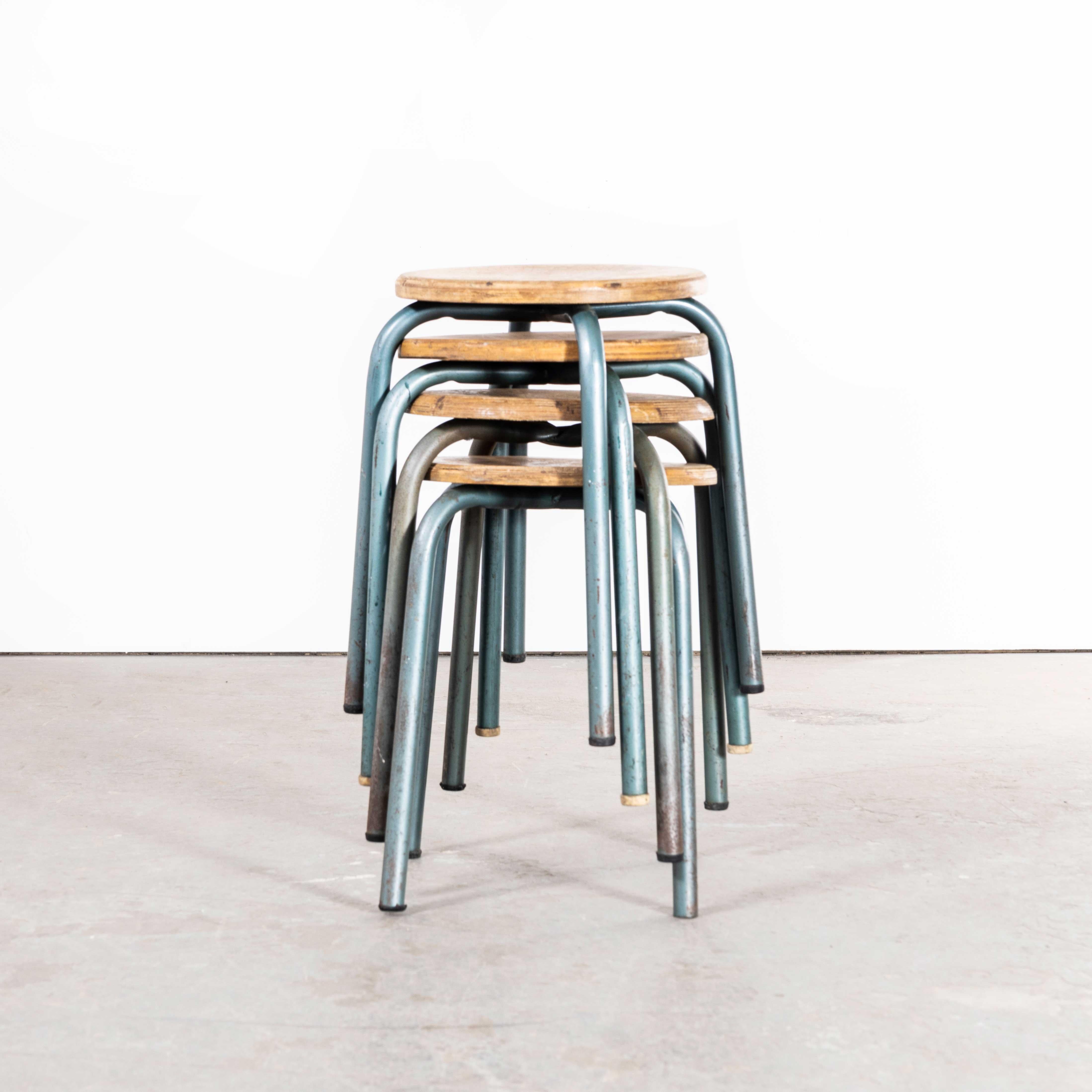 Metal 1960s Simple French Stacking School Stools - Aqua - Set of Four