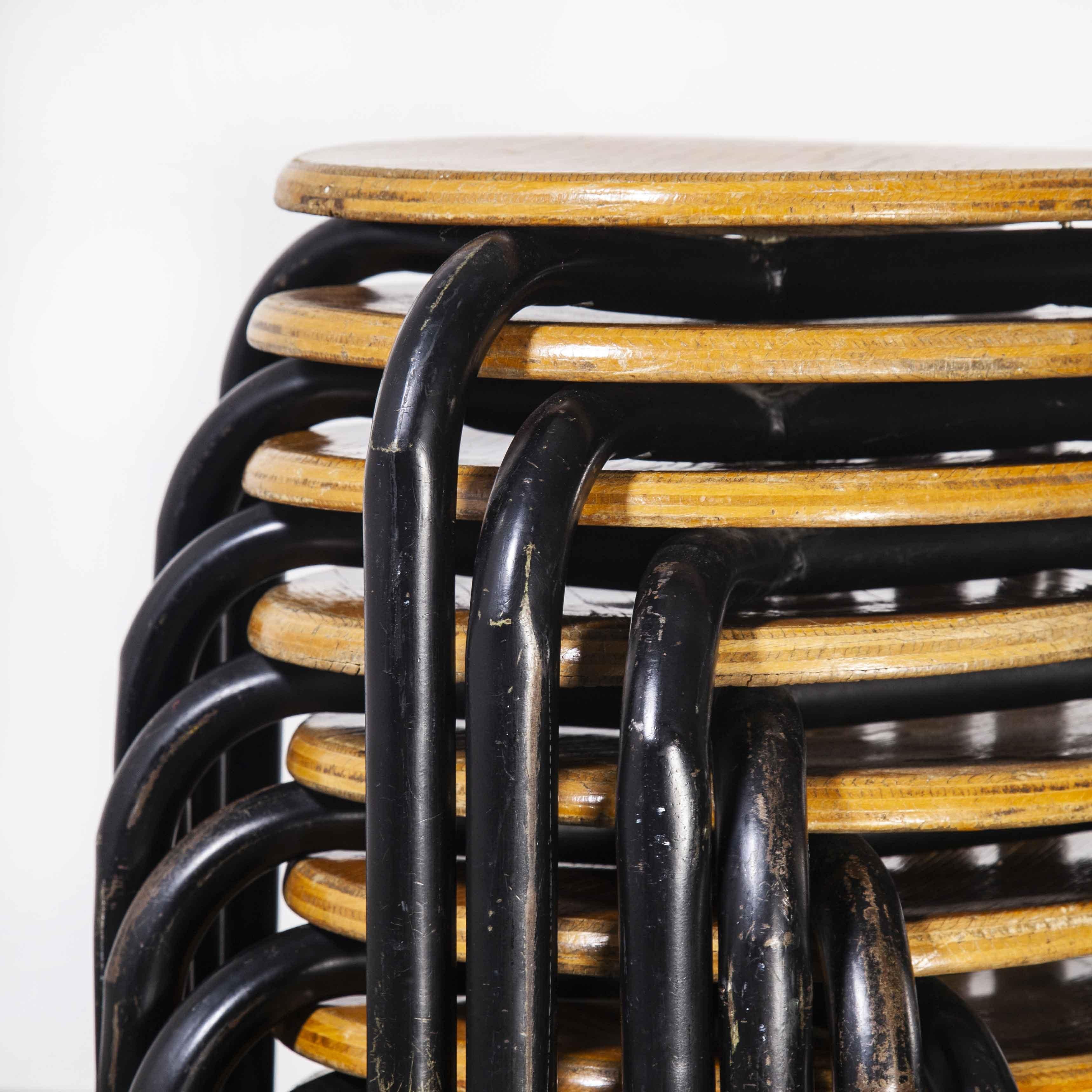 1960’s simple French Stacking School stools – black – set of eight

1960’s Simple French Stacking School stools – black – set of eight. Classic French school stools, solid beech laminated tops with strong metal bases. Original stools in great