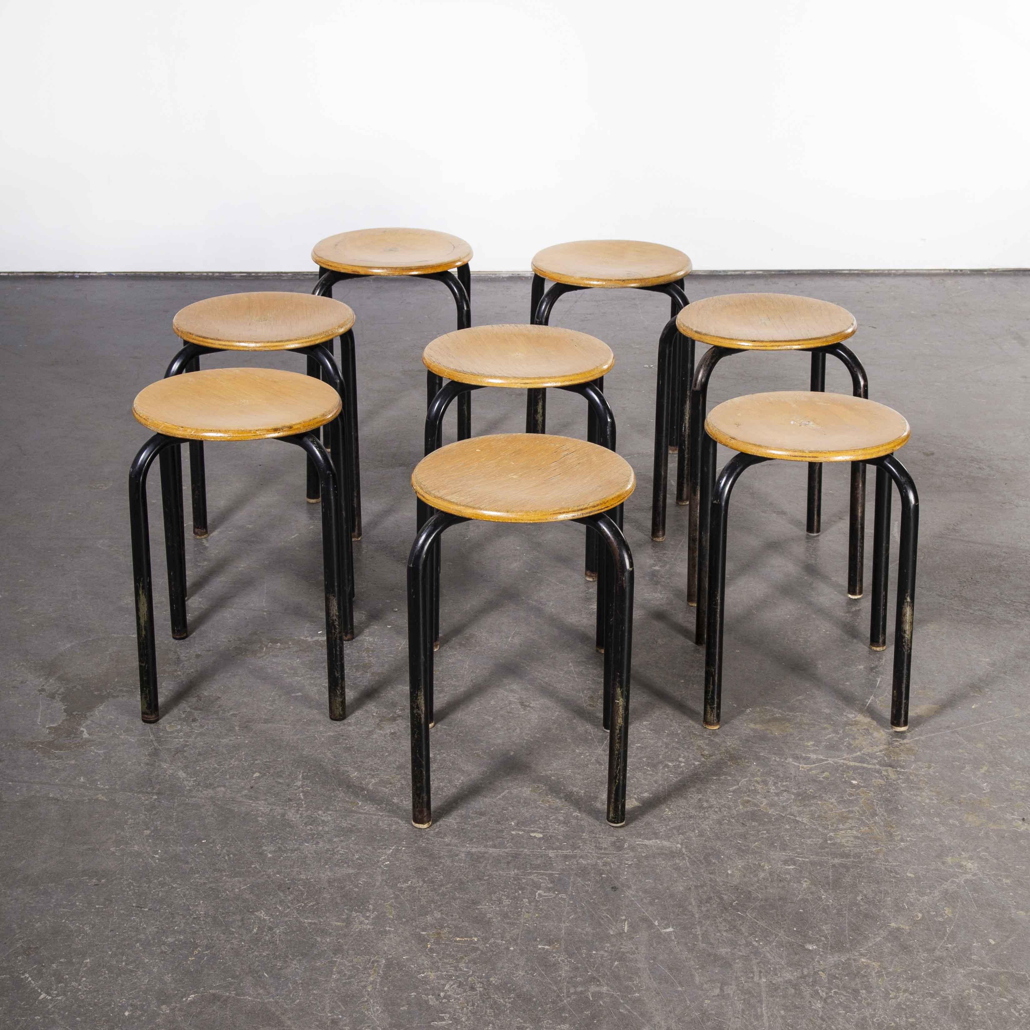 Mid-20th Century 1960's Simple French Stacking School Stools, Black, Set of Eight