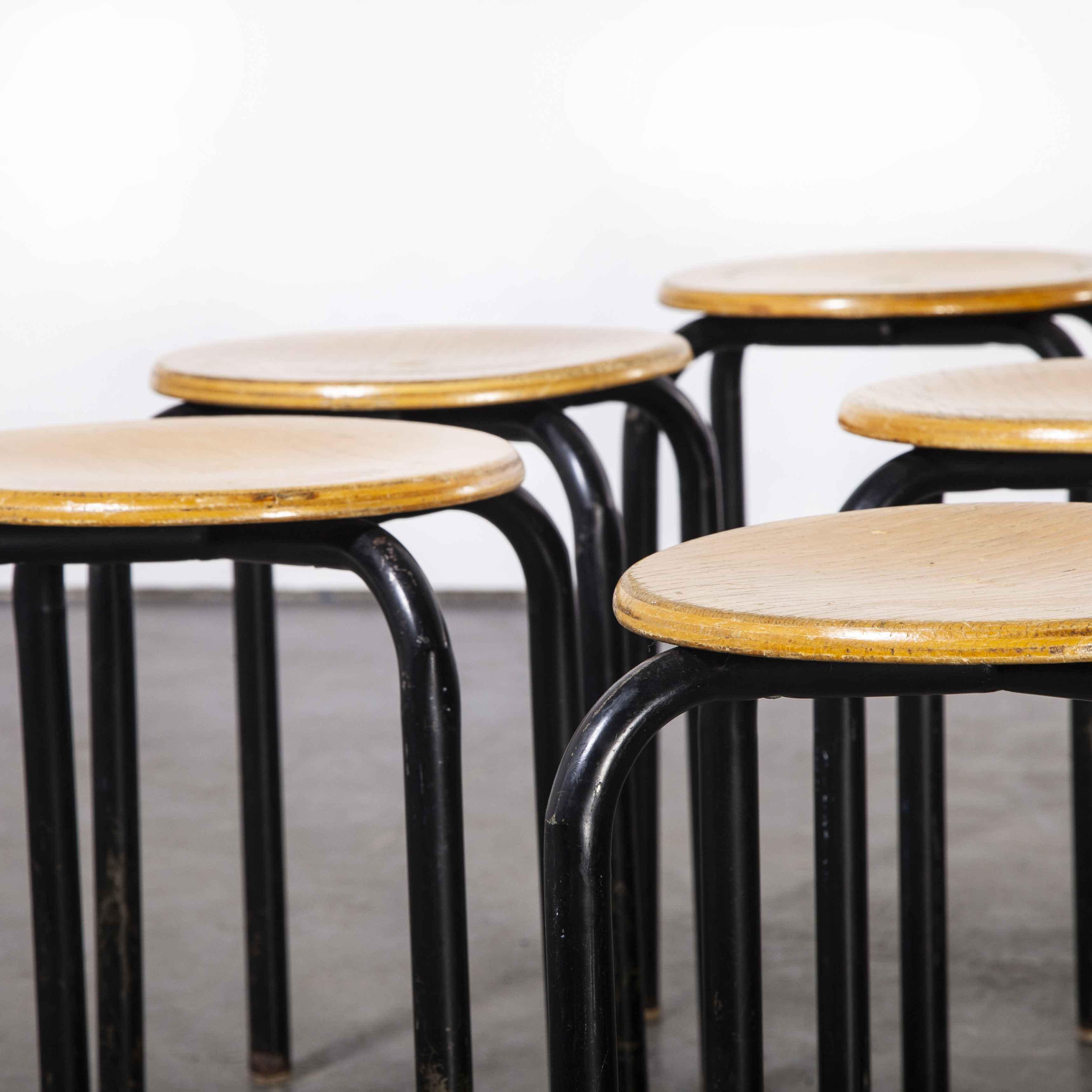 1960's Simple French Stacking School Stools, Black, Set of Eight 1
