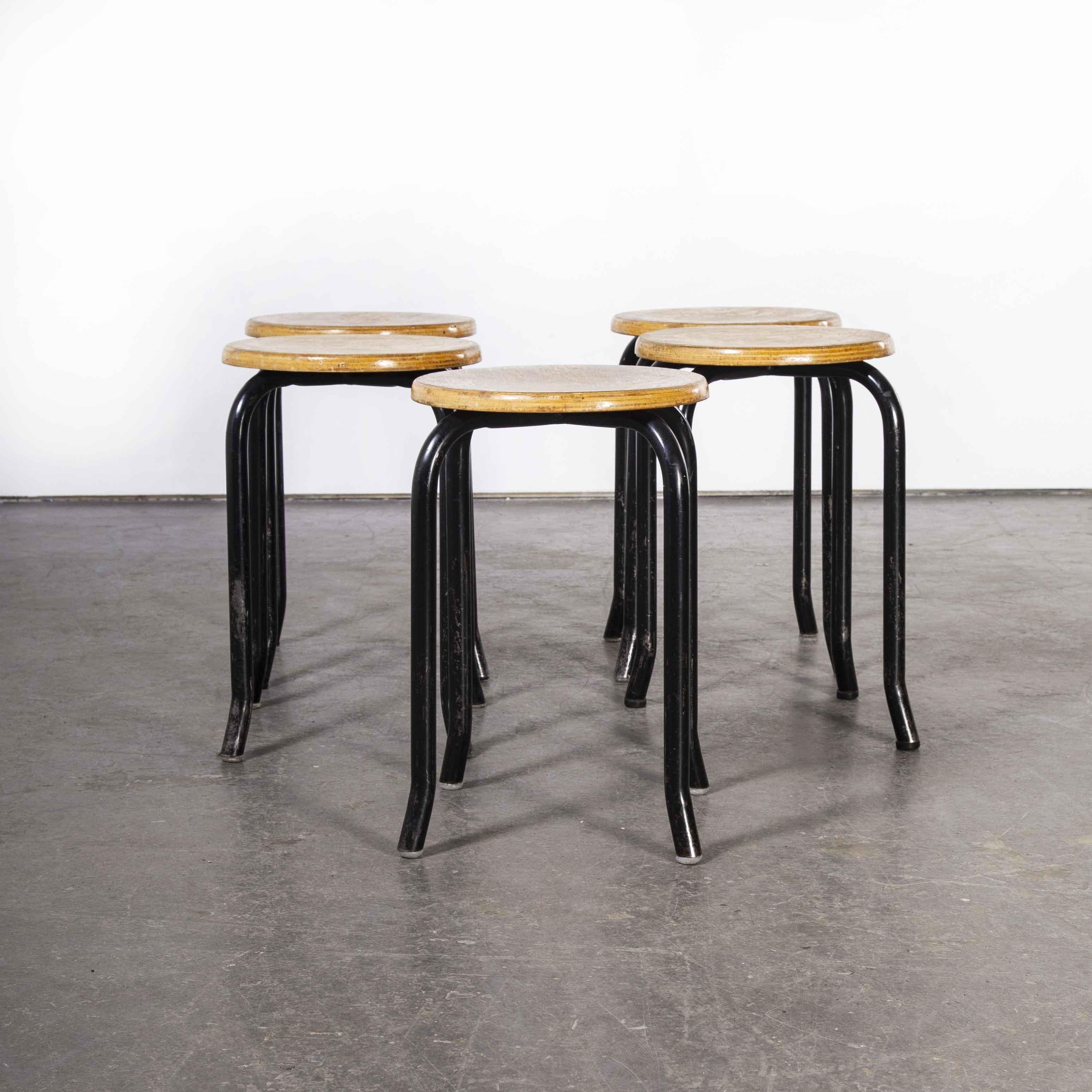 Mid-20th Century 1960's Simple French Stacking School Stools, Black, Set of Five Kick Leg