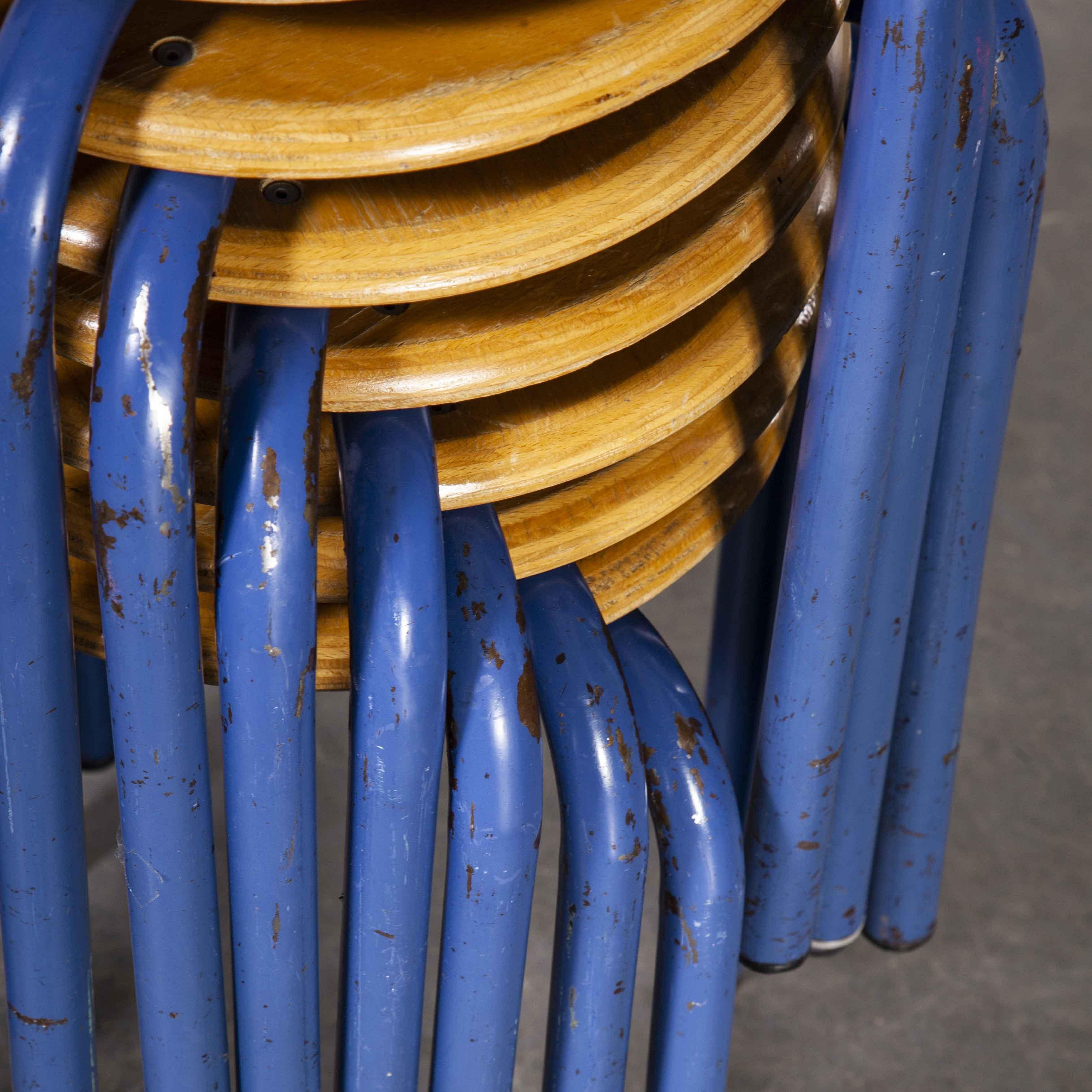 1960's Simple French Stacking School Stools, Blue, Set of Eight In Good Condition In Hook, Hampshire