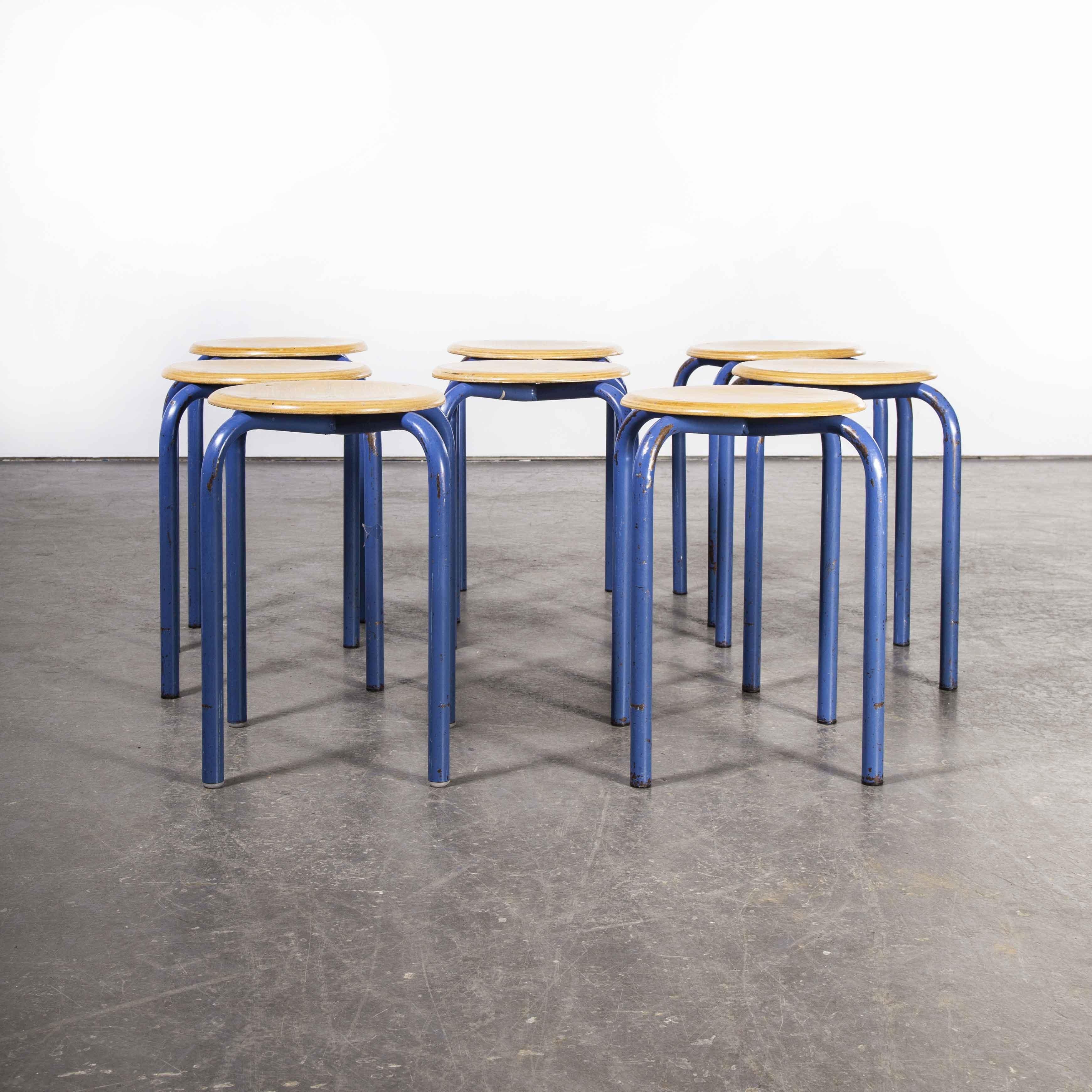 Metal 1960's Simple French Stacking School Stools, Blue, Set of Eight