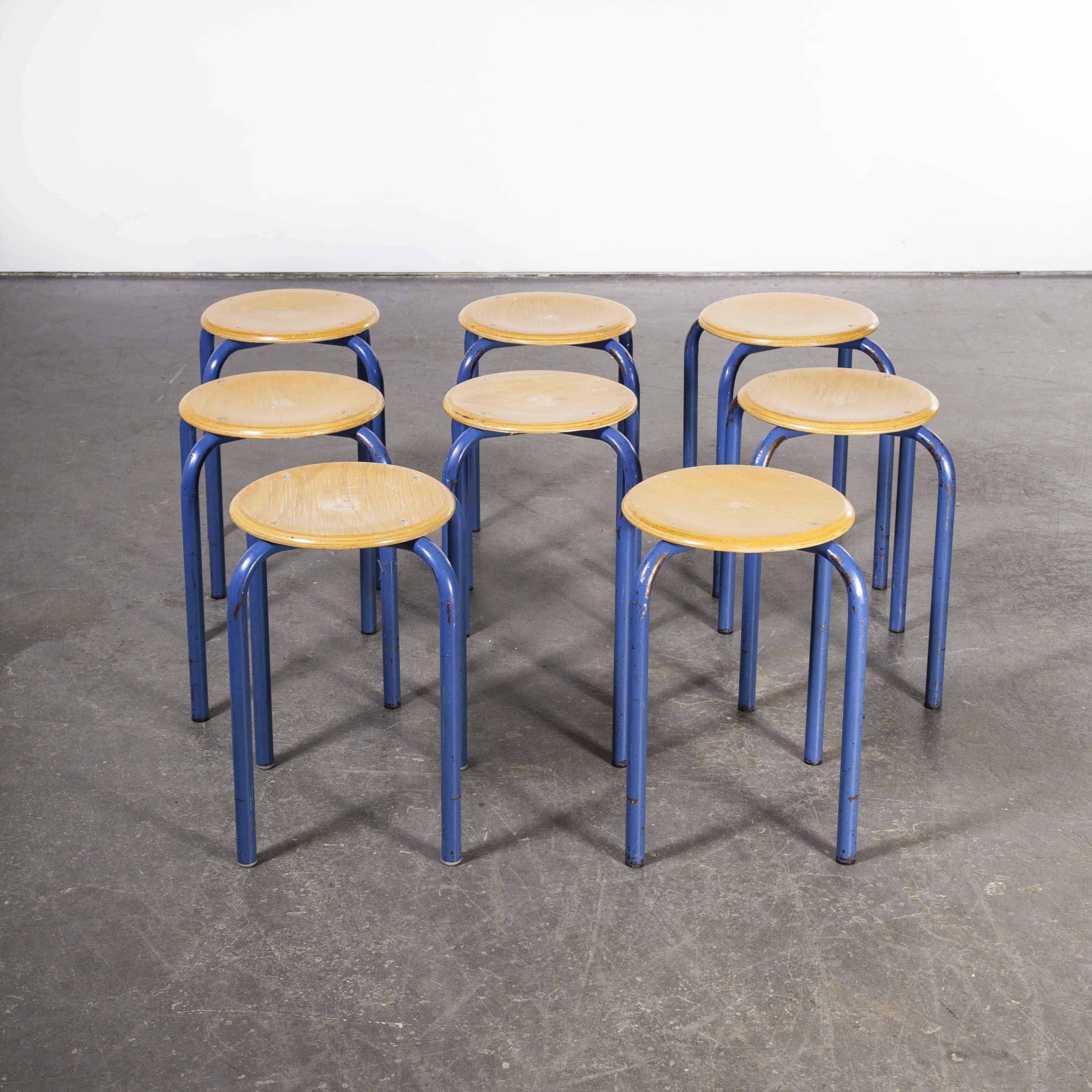 1960's Simple French Stacking School Stools, Blue, Set of Eight 1