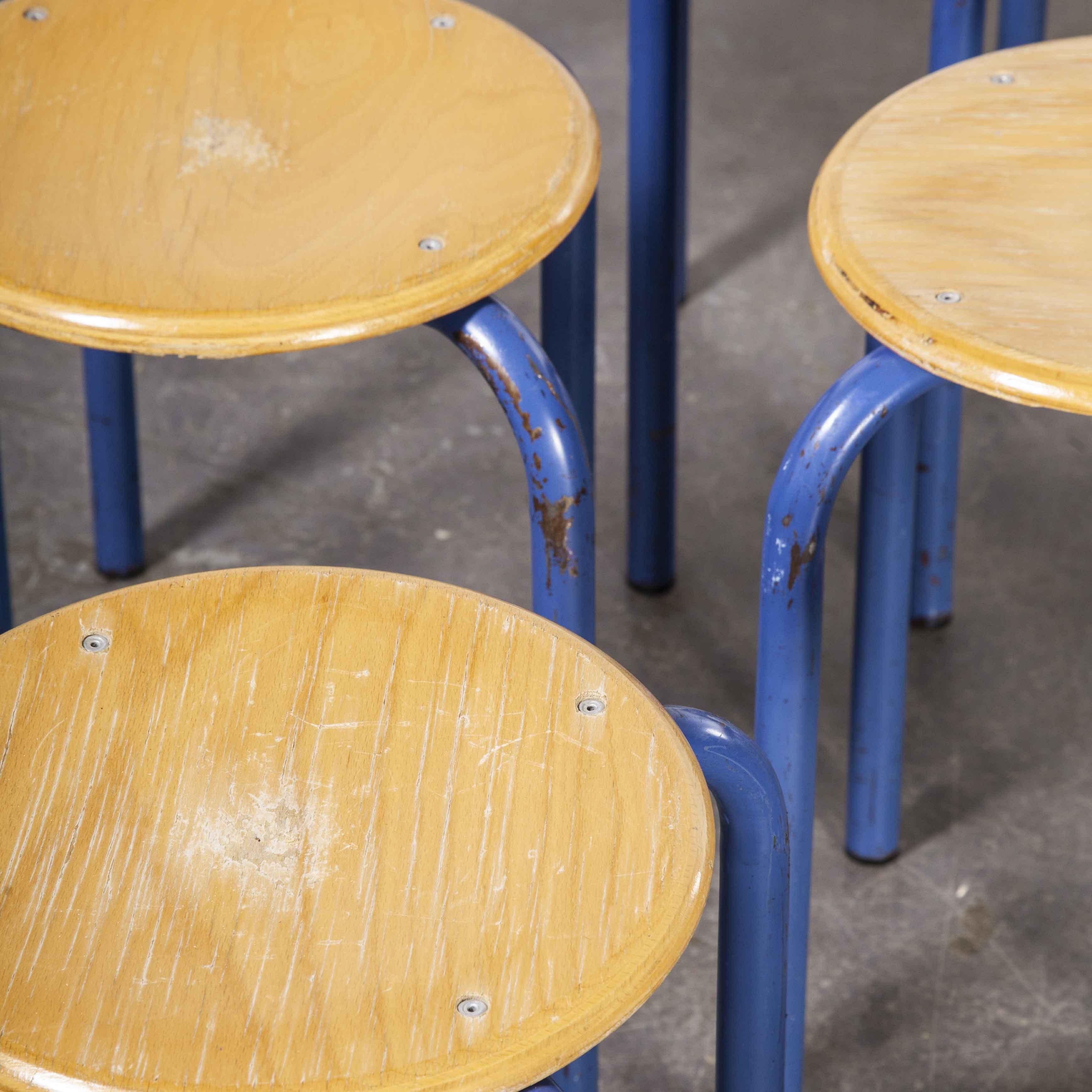 1960's Simple French Stacking School Stools, Blue, Set of Eight 2
