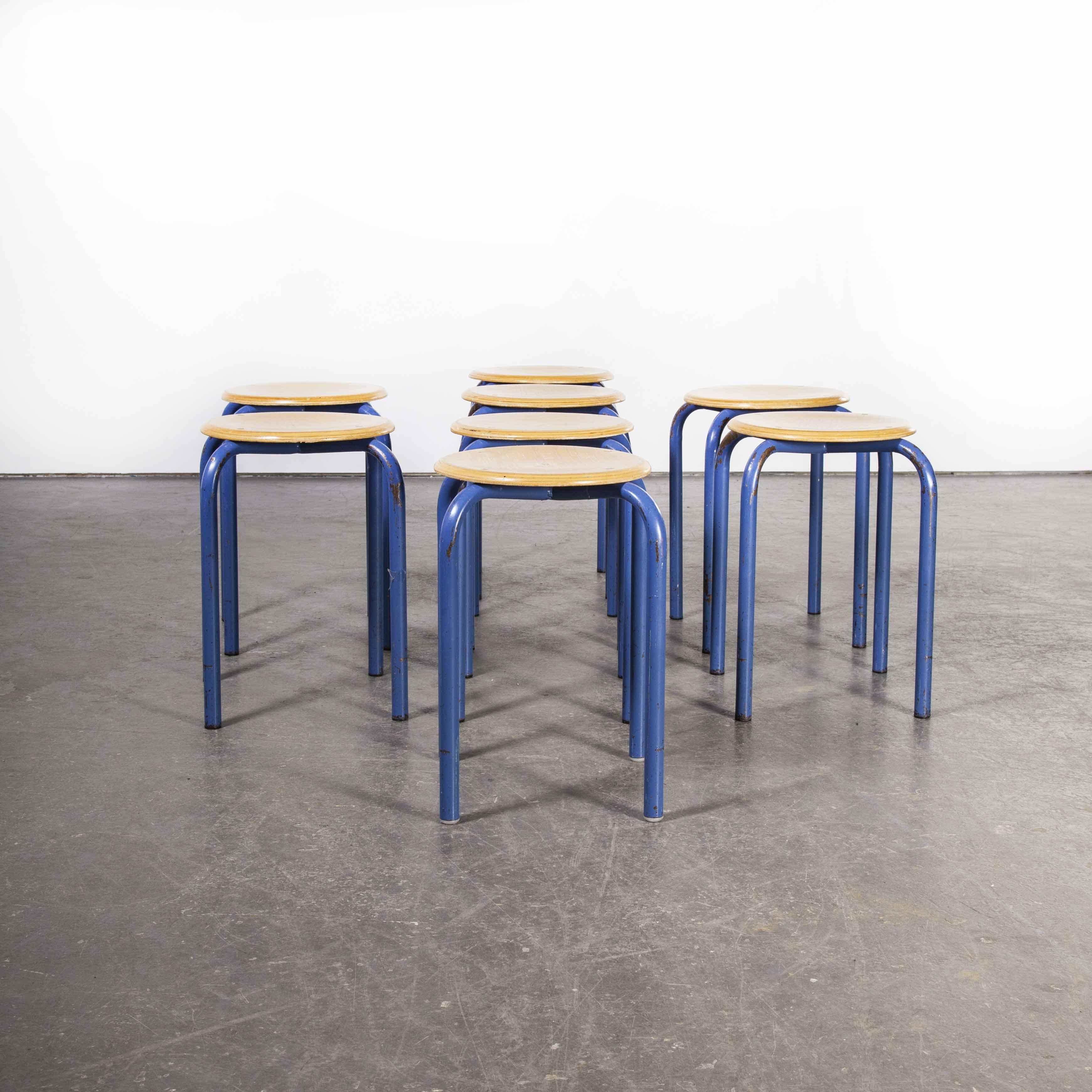 1960's Simple French Stacking School Stools, Blue, Set of Eight 3