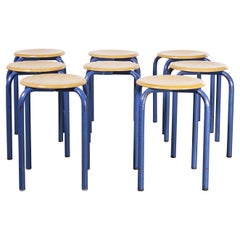 1960's Simple French Stacking School Stools, Blue, Set of Eight