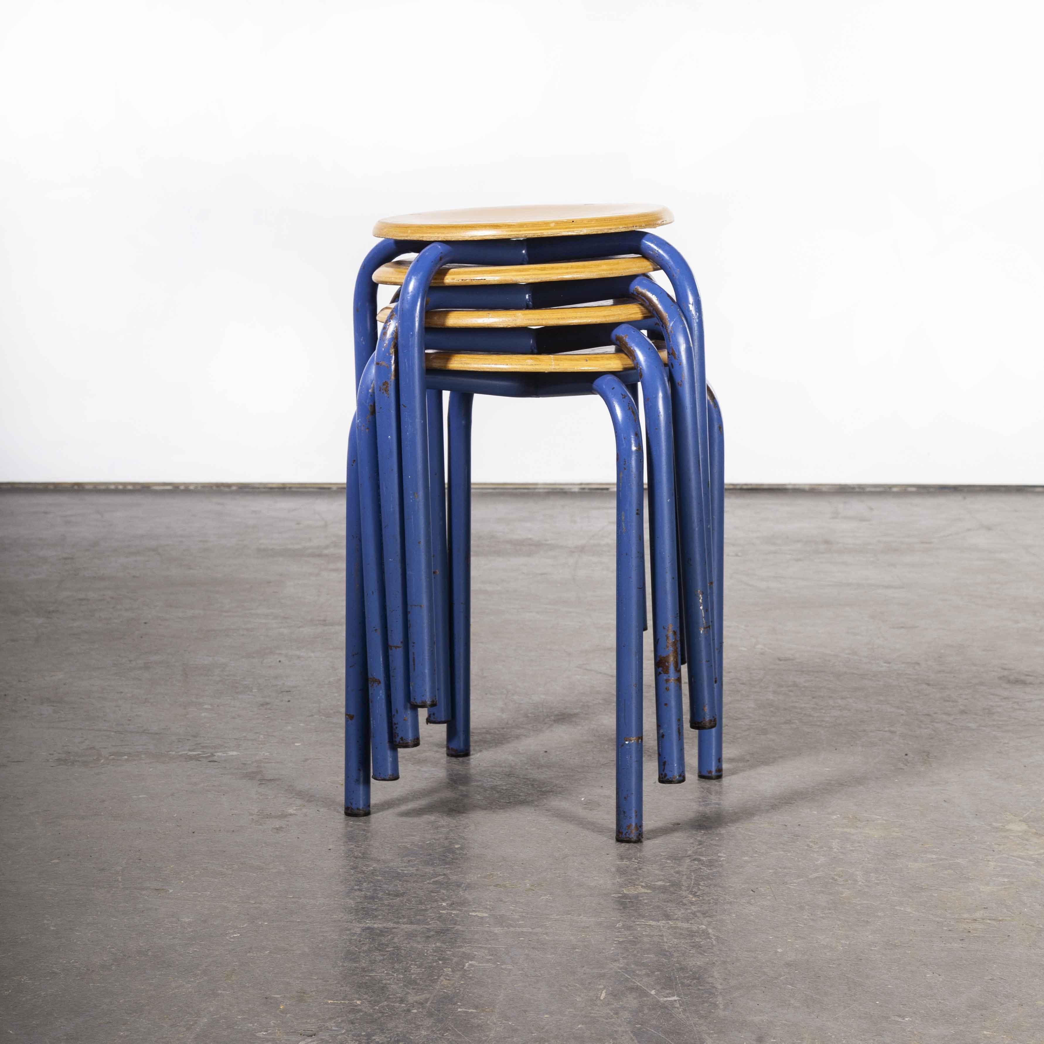 1960's Simple French Stacking School Stools, Blue, Set of Four In Good Condition In Hook, Hampshire