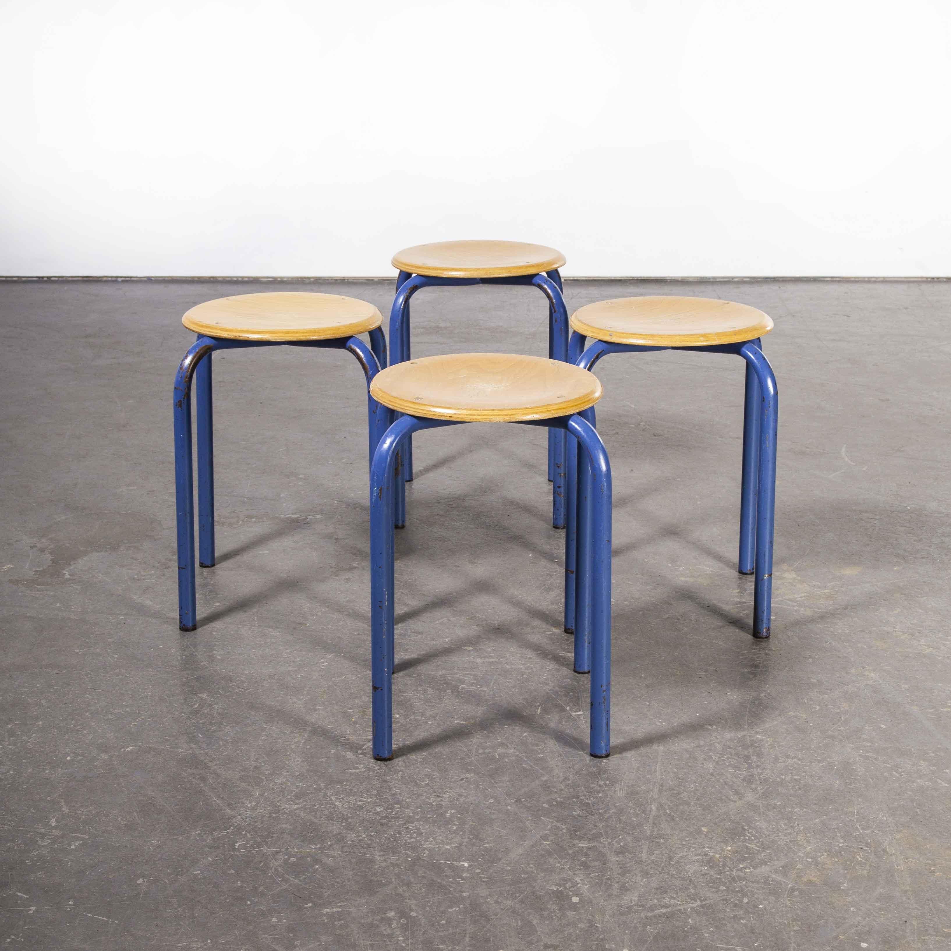 Mid-20th Century 1960's Simple French Stacking School Stools, Blue, Set of Four