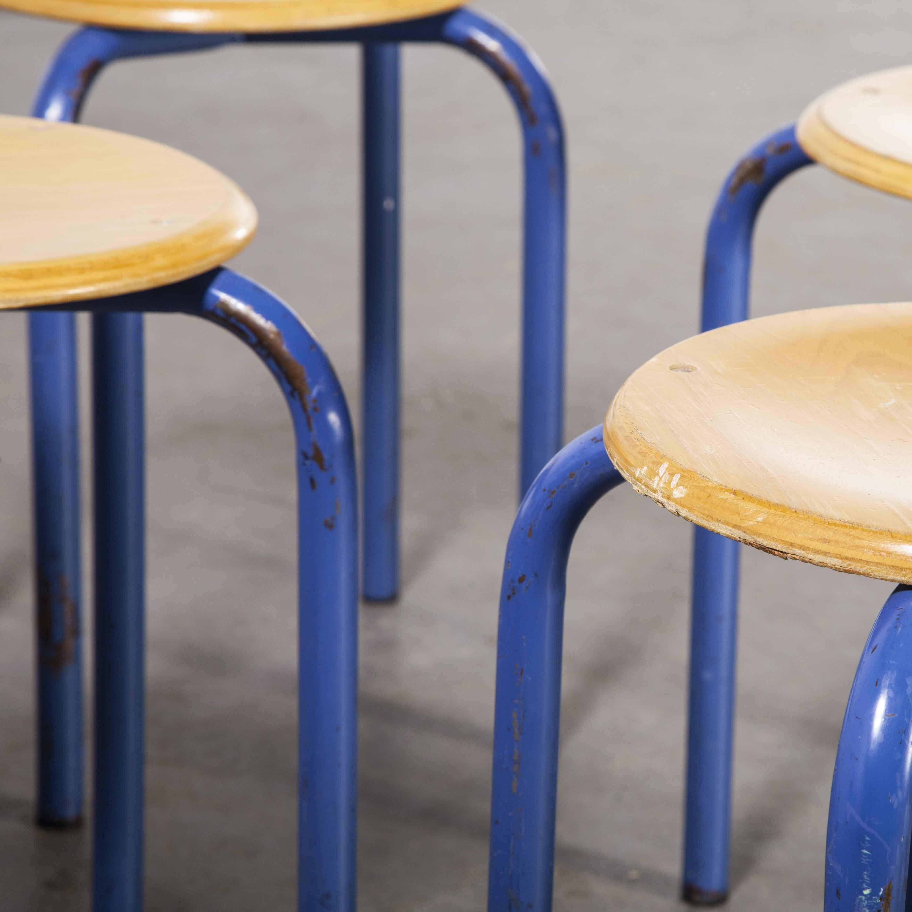 Metal 1960's Simple French Stacking School Stools, Blue, Set of Four