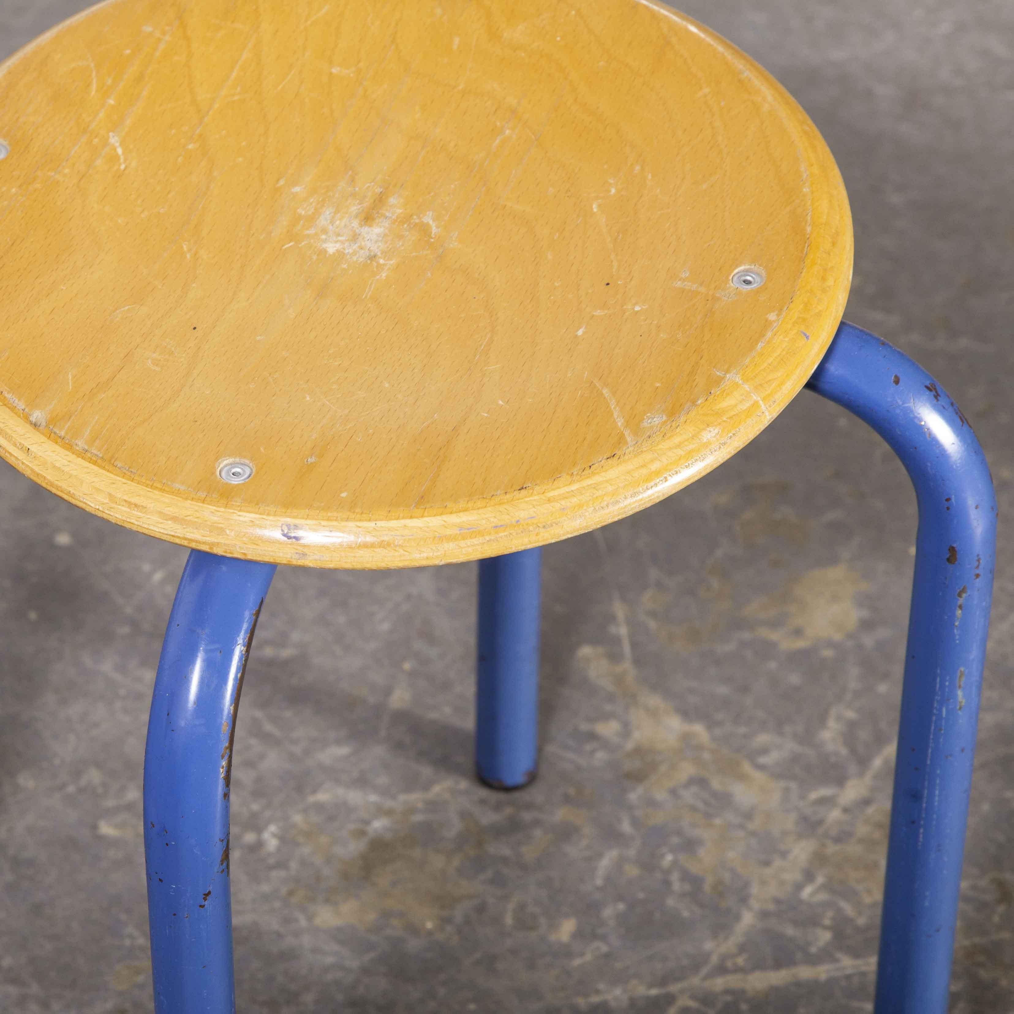 1960's Simple French Stacking School Stools, Blue, Set of Four 1