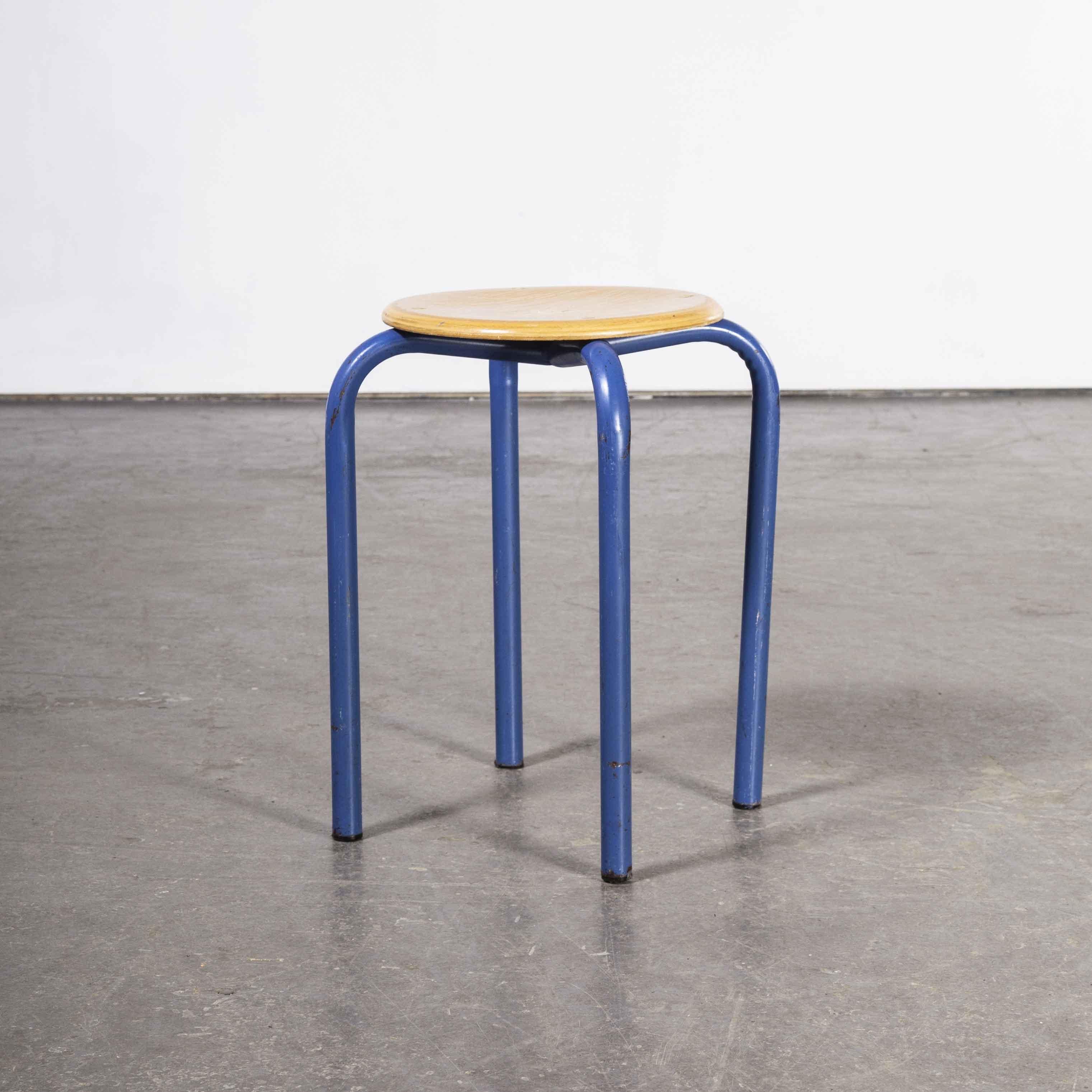 1960's Simple French Stacking School Stools, Blue, Set of Four 3