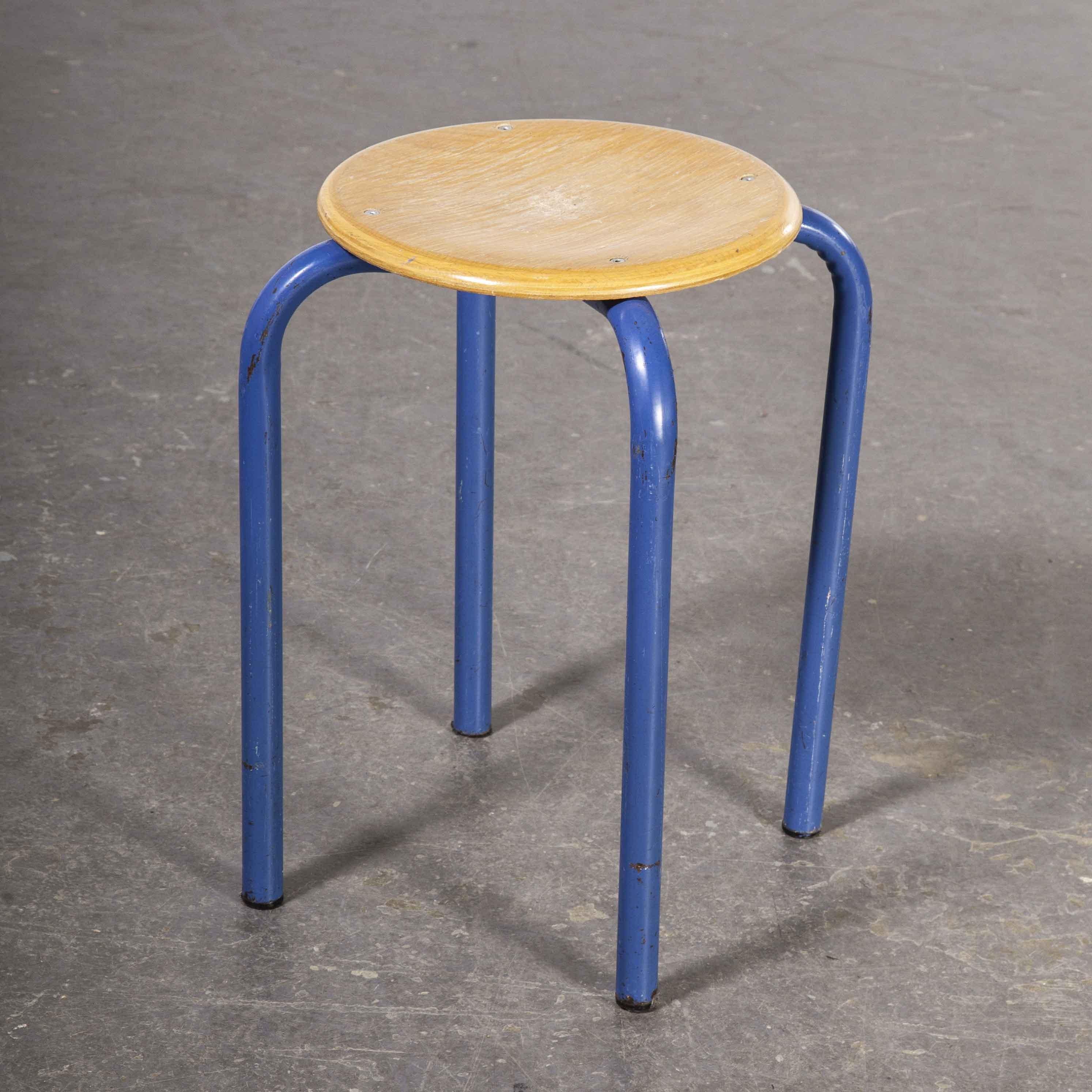 1960's Simple French Stacking School Stools, Blue, Set of Four 4
