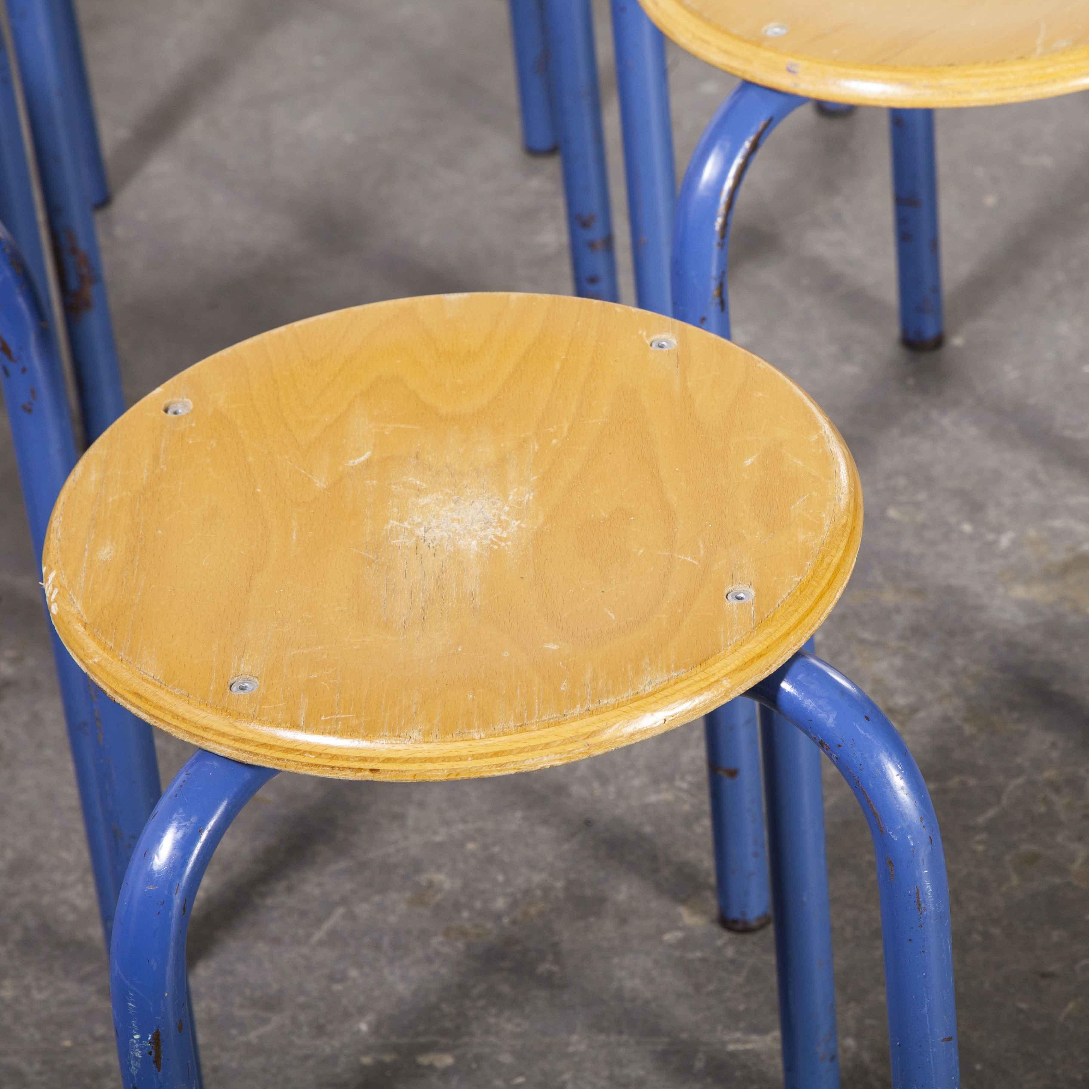1960’s Simple French stacking school stools – Blue – Set of six

1960’s Simple French stacking school stools – Blue – Set of six. Classic French school stools, solid beech laminated tops with strong metal bases. Original stools in great condition.