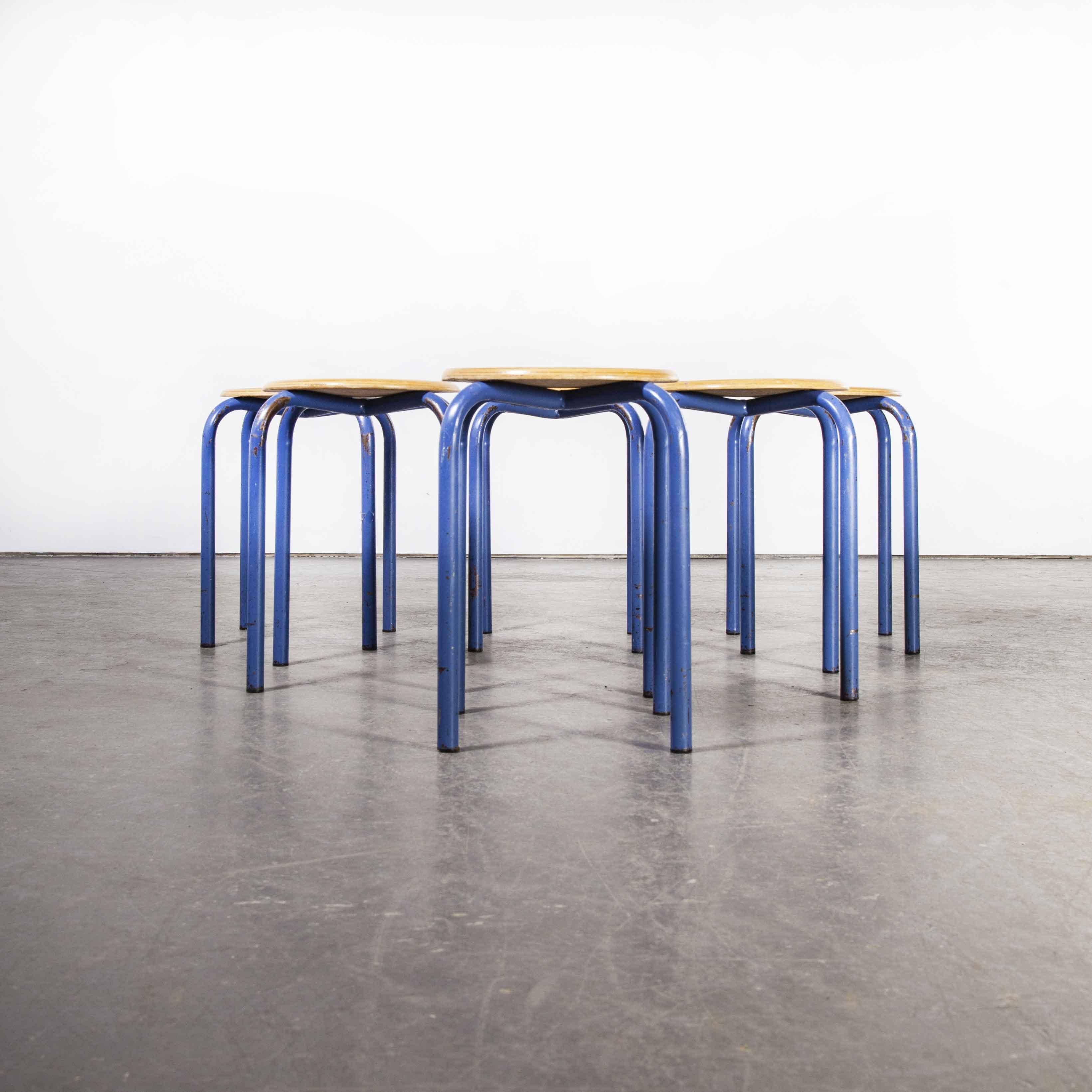 Mid-20th Century 1960's Simple French Stacking School Stools, Blue, Set of Six
