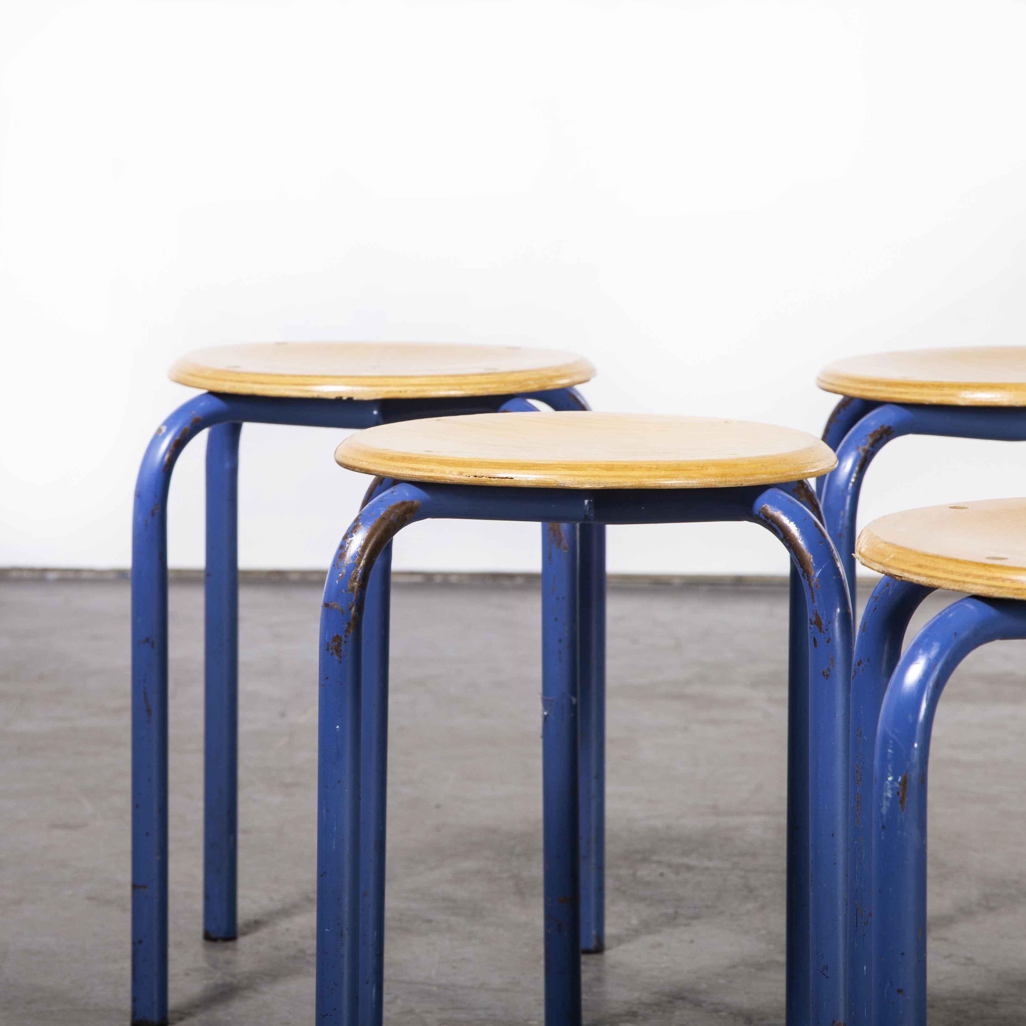 Metal 1960's Simple French Stacking School Stools, Blue, Set of Six