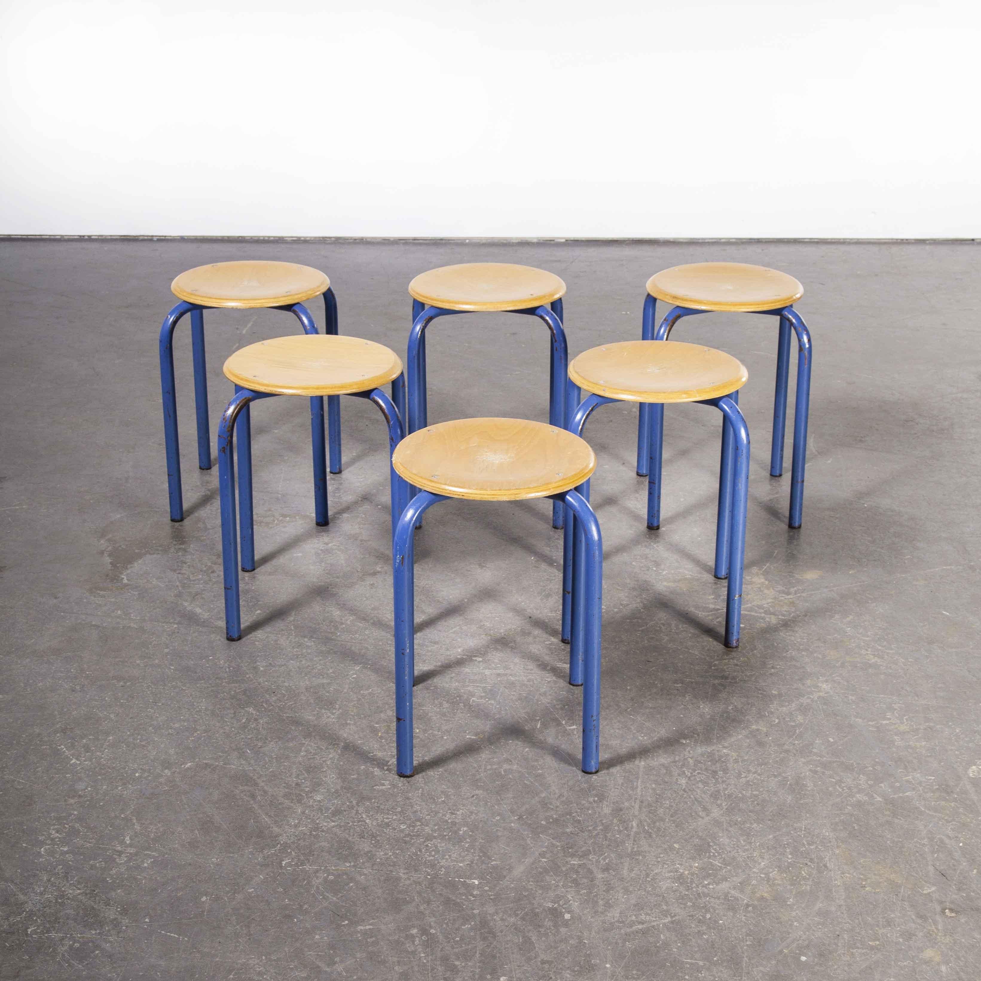 1960's Simple French Stacking School Stools, Blue, Set of Six 1