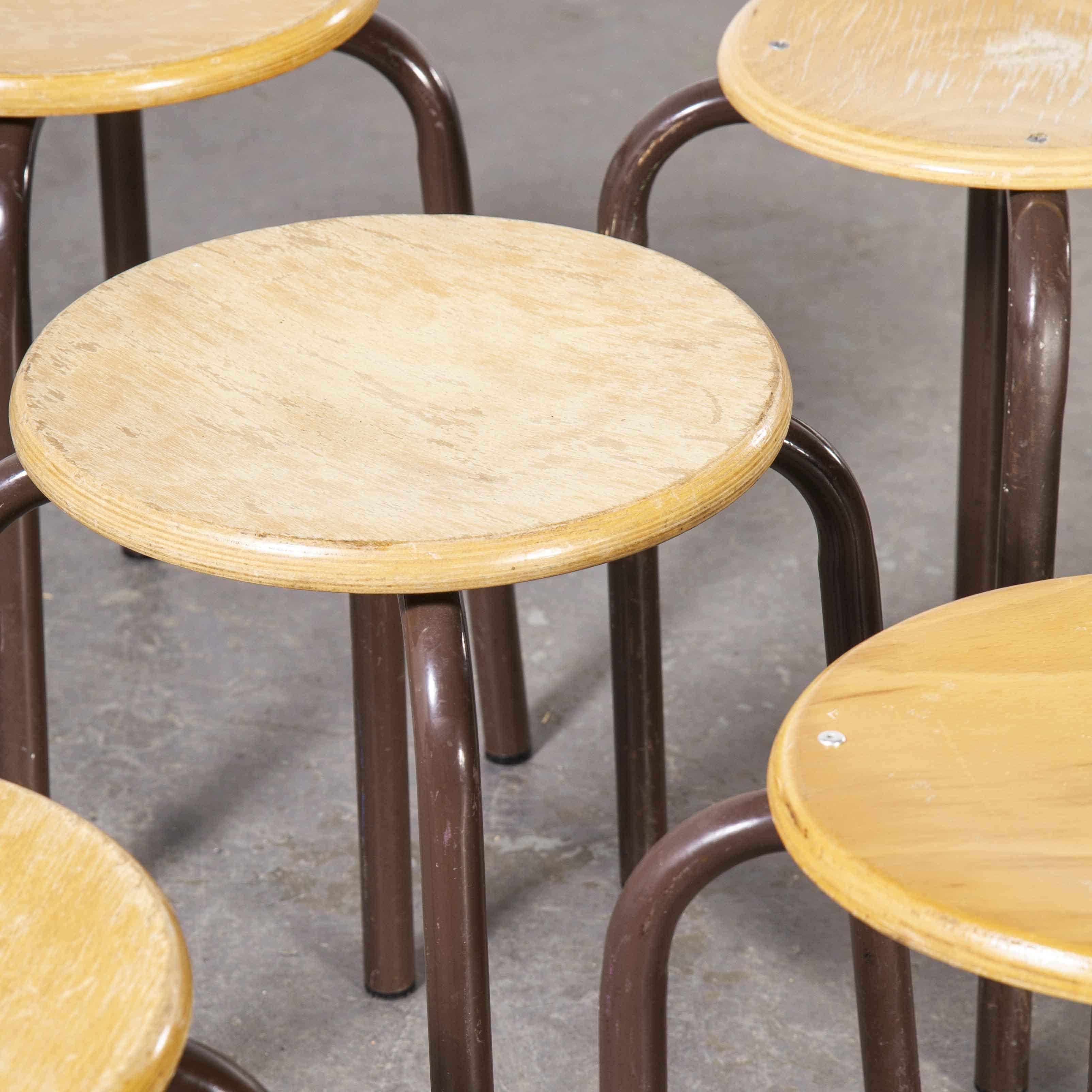 1960's Simple French Stacking School Stools, Brown, Set of Eight 2