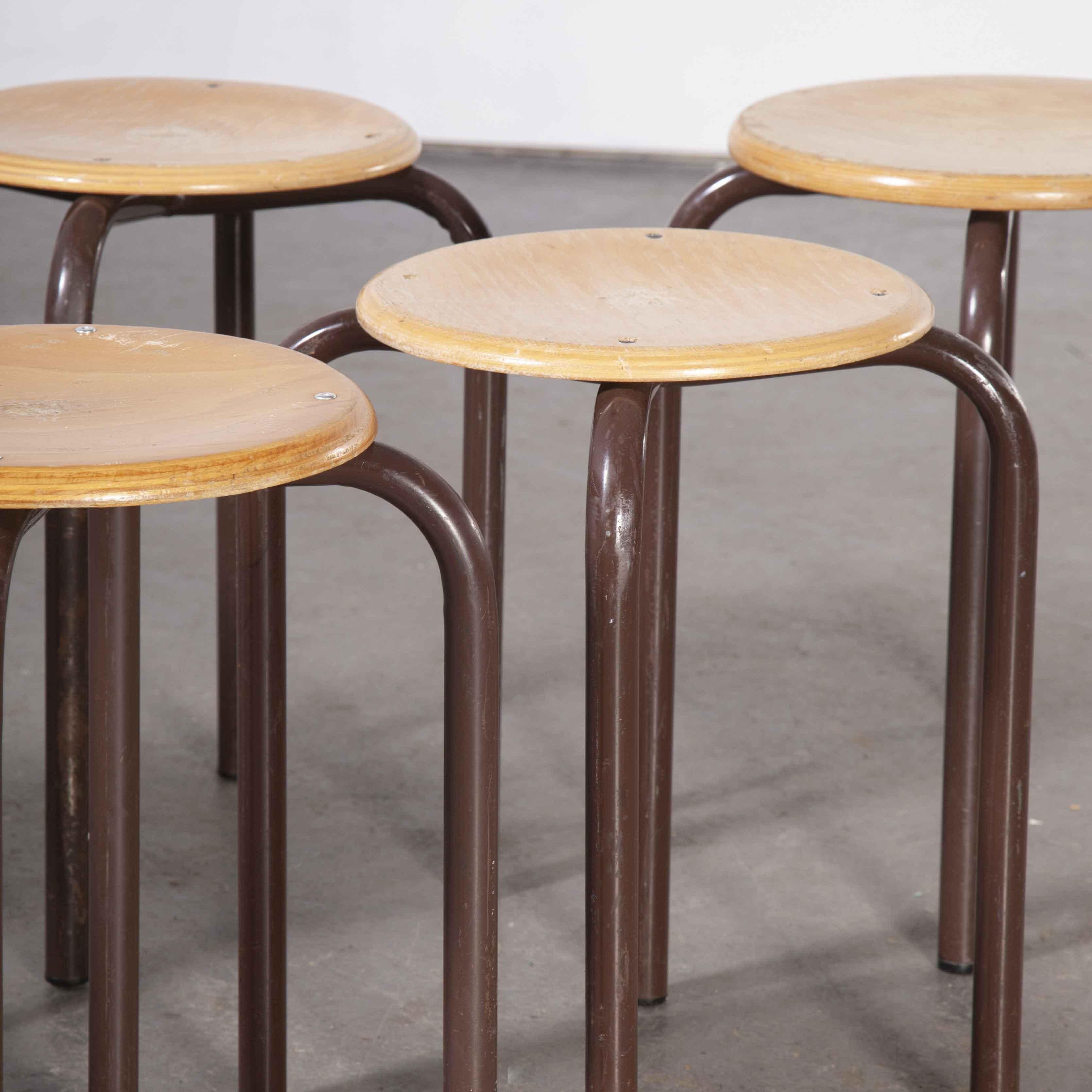 1960's Simple French Stacking School Stools, Brown, Set of Six 5
