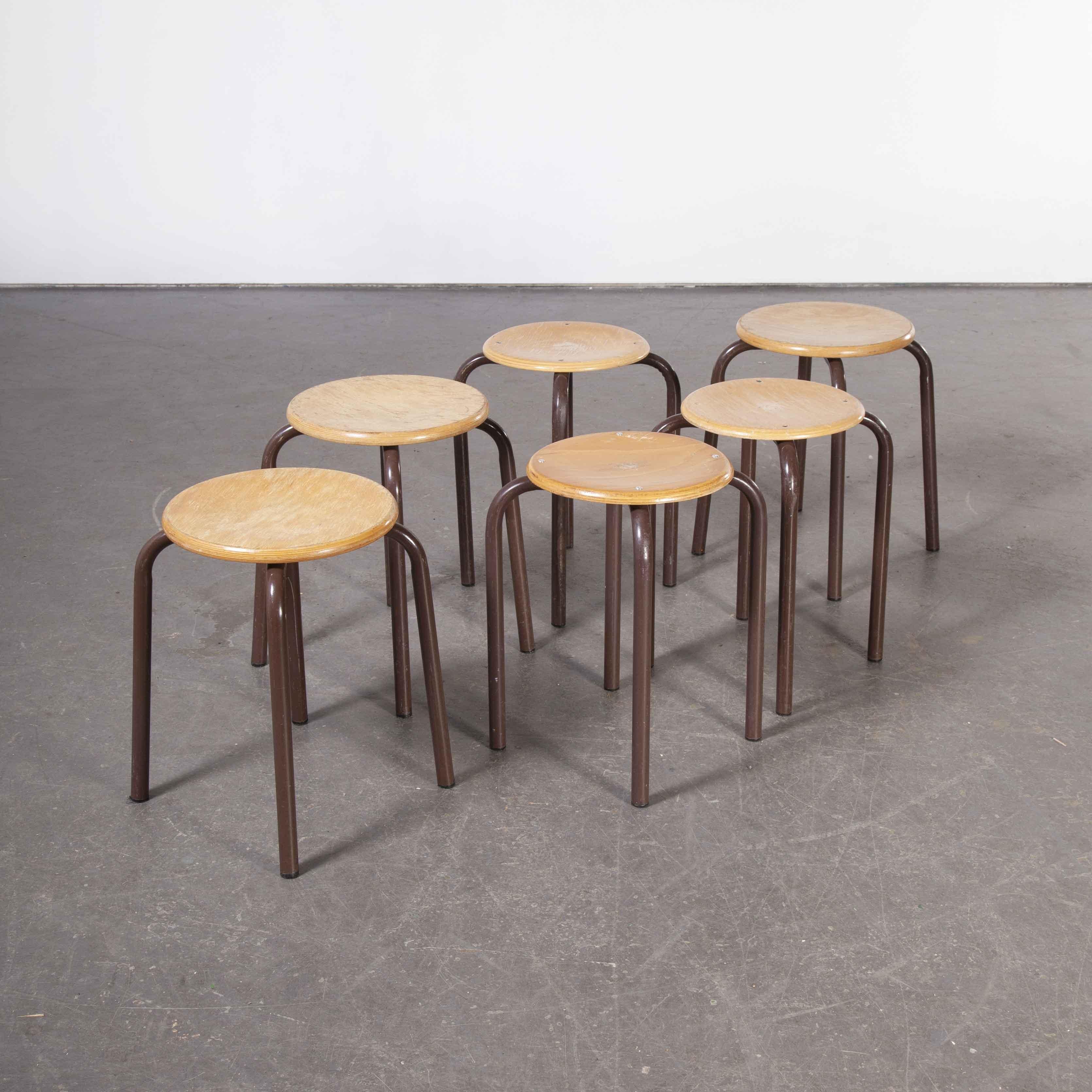 Mid-20th Century 1960's Simple French Stacking School Stools, Brown, Set of Six