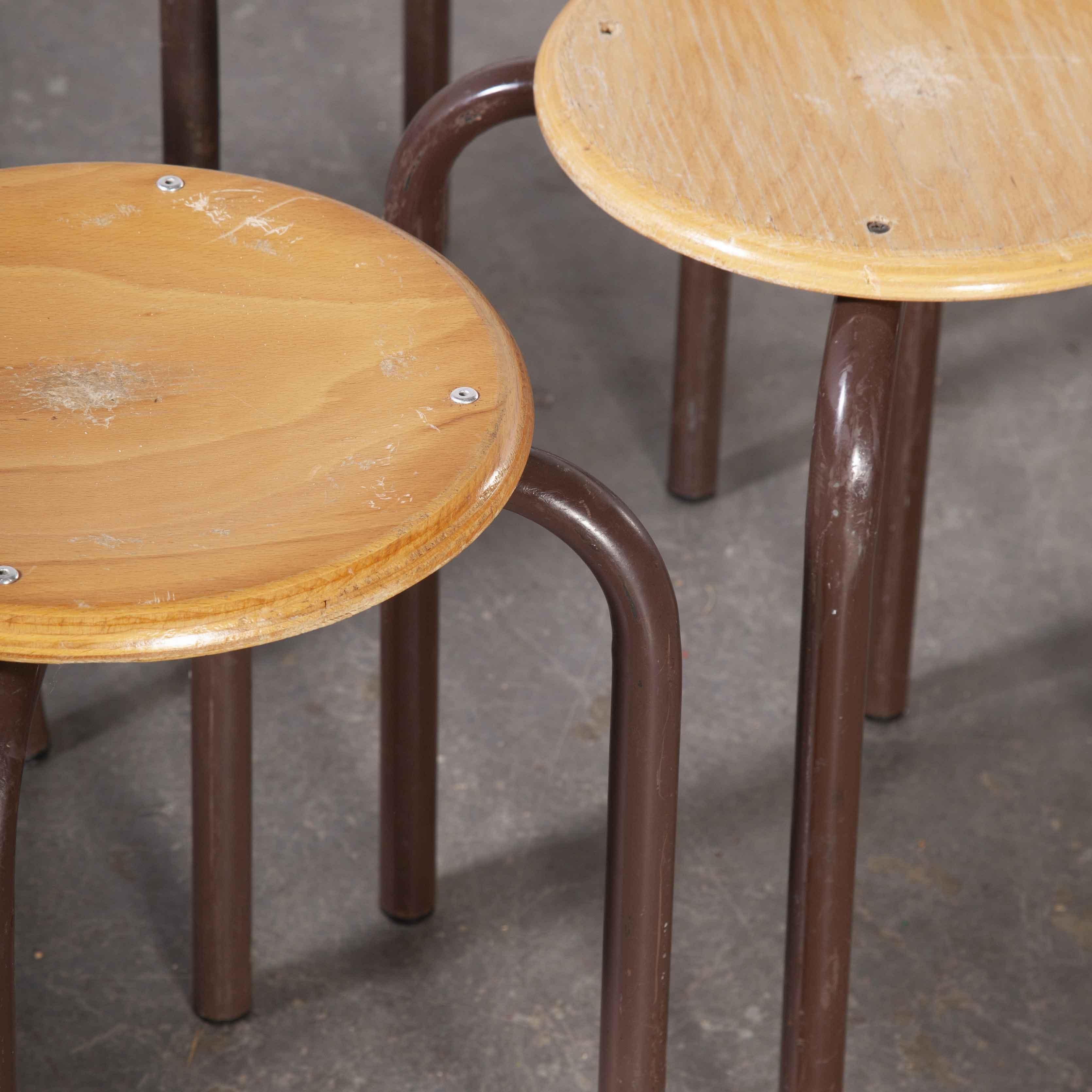 Beech 1960's Simple French Stacking School Stools, Brown, Set of Six
