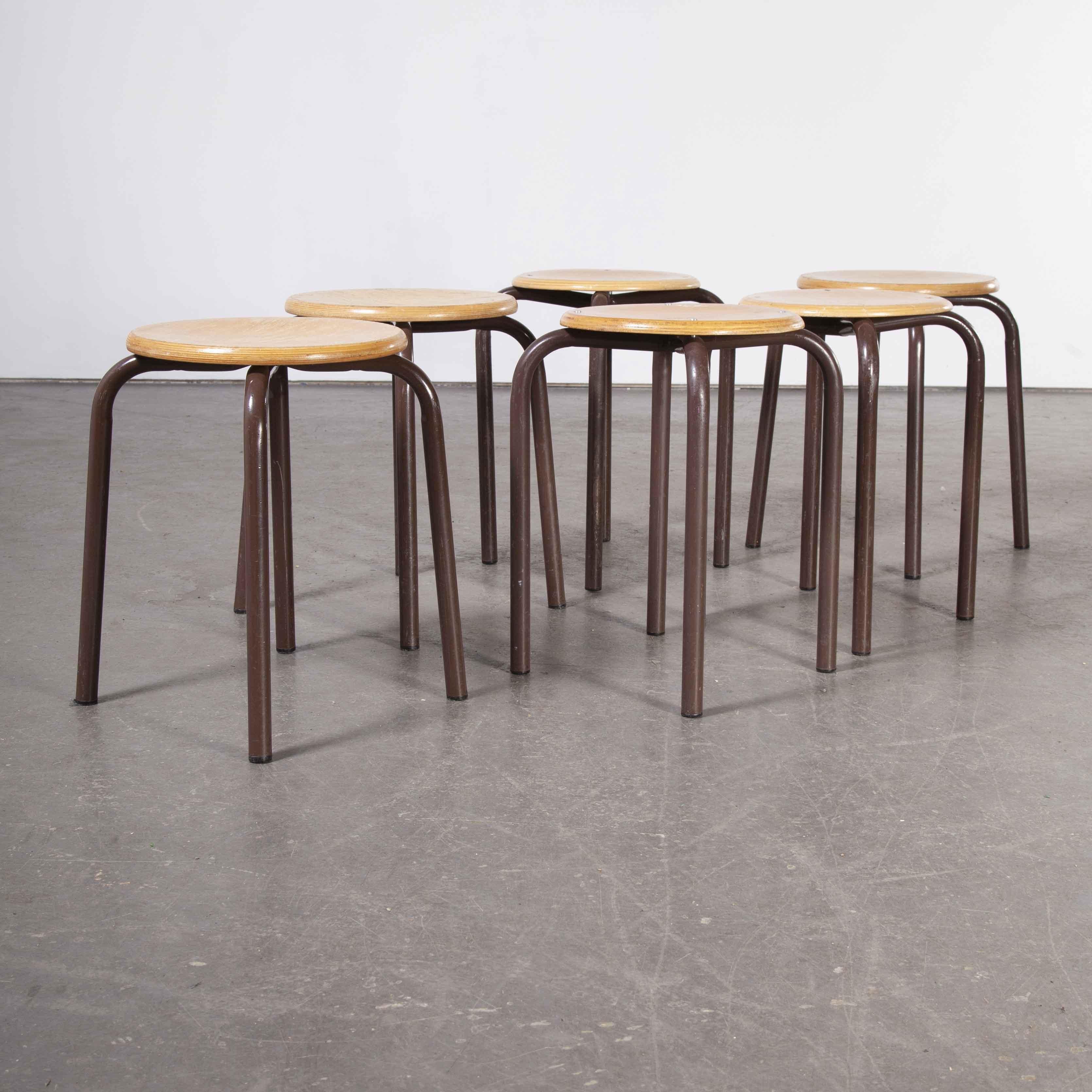 1960's Simple French Stacking School Stools, Brown, Set of Six 2