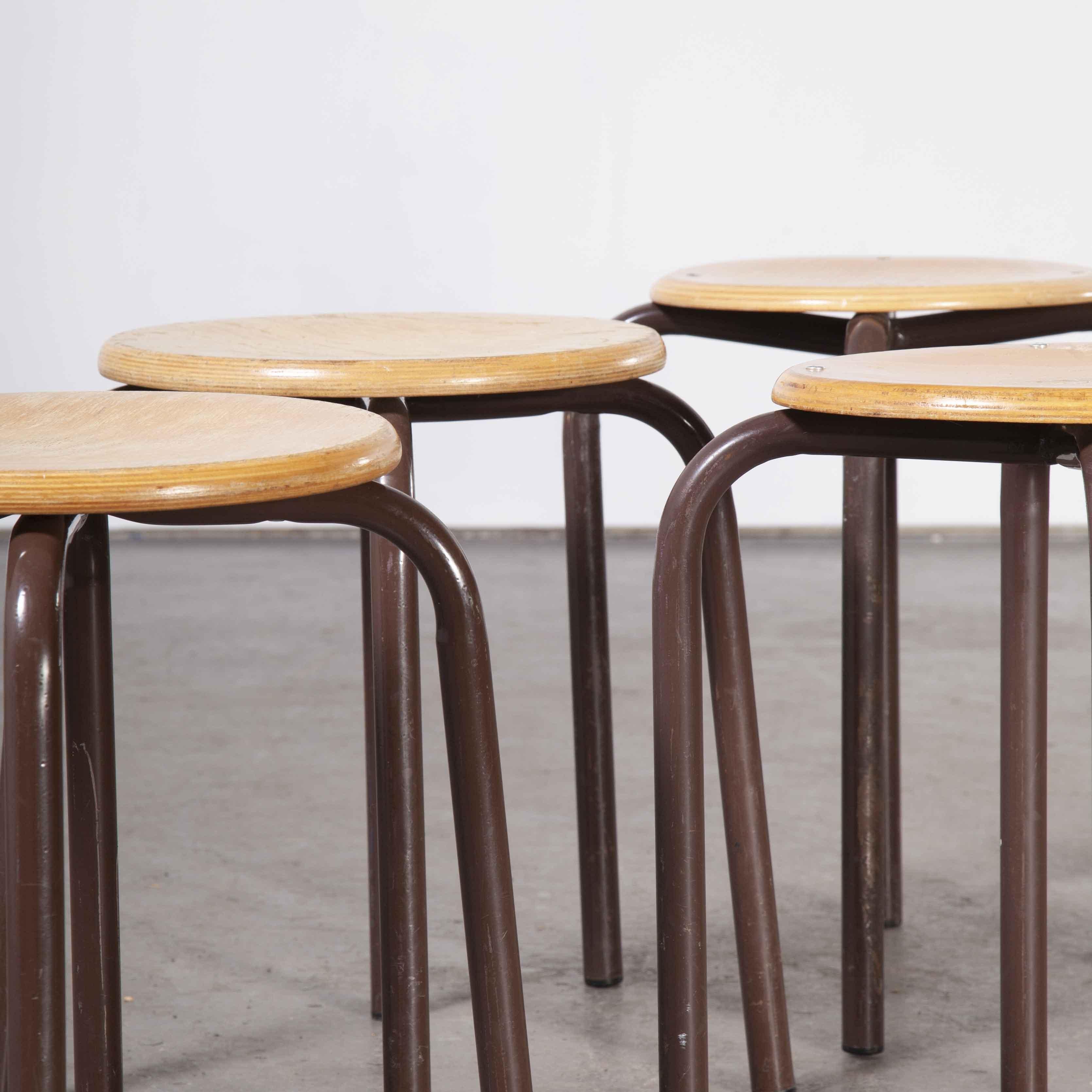 1960's Simple French Stacking School Stools, Brown, Set of Six 3
