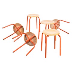 1960's Simple French Stacking School Stools - Red - Set Of Eight