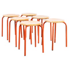1960's, Simple French Stacking School Stools, Red, Set of Six