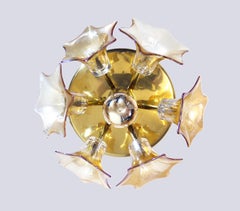 Amber Murano Sputnik Flower Flush Mount Iridescent Glass & Brass, Sische 1960